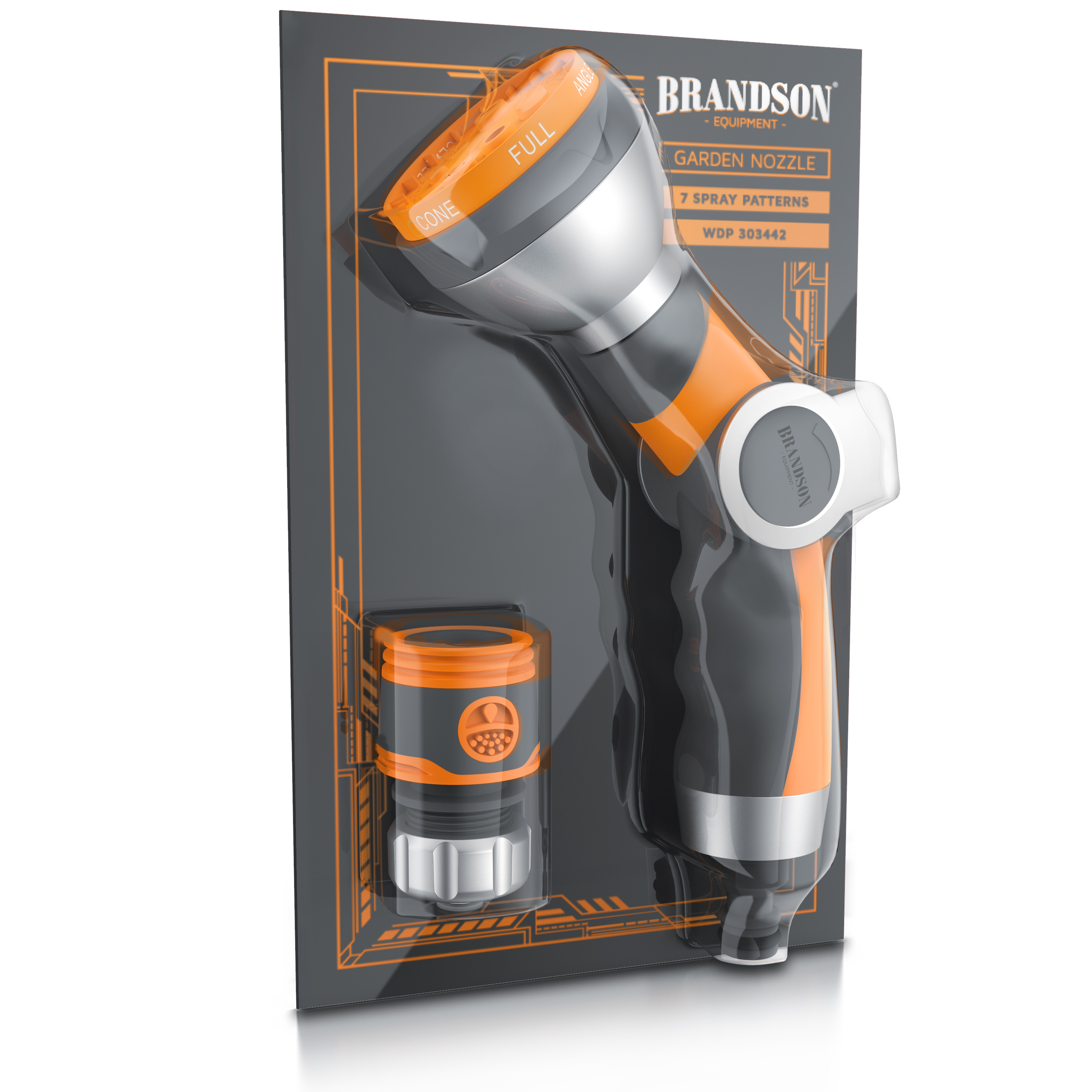 Brandson-Gartendüse mit sieben Sprühmustern, ergonomischem Griff, orange-schwarzem Farbschema und mitgeliefertem Anschluss.