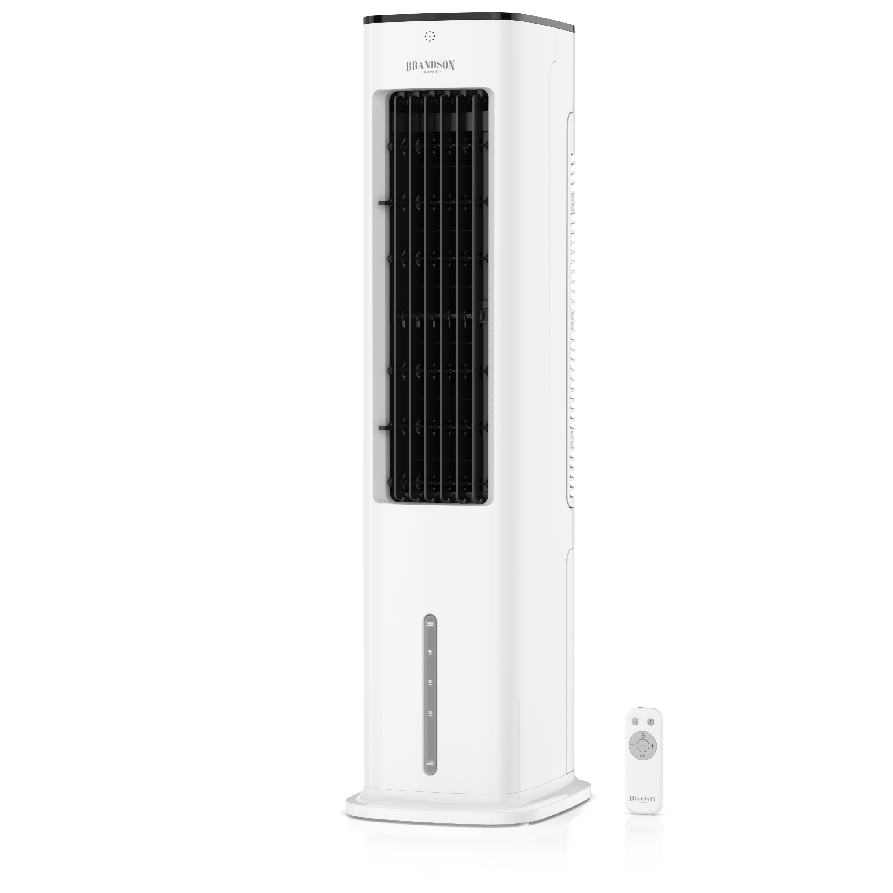 Brandson Turmventilator in Weiß mit schwarzem Lüftungsgitter, Bedienfeld und Fernbedienung, ideal für die Nutzung im Wohnbereich.