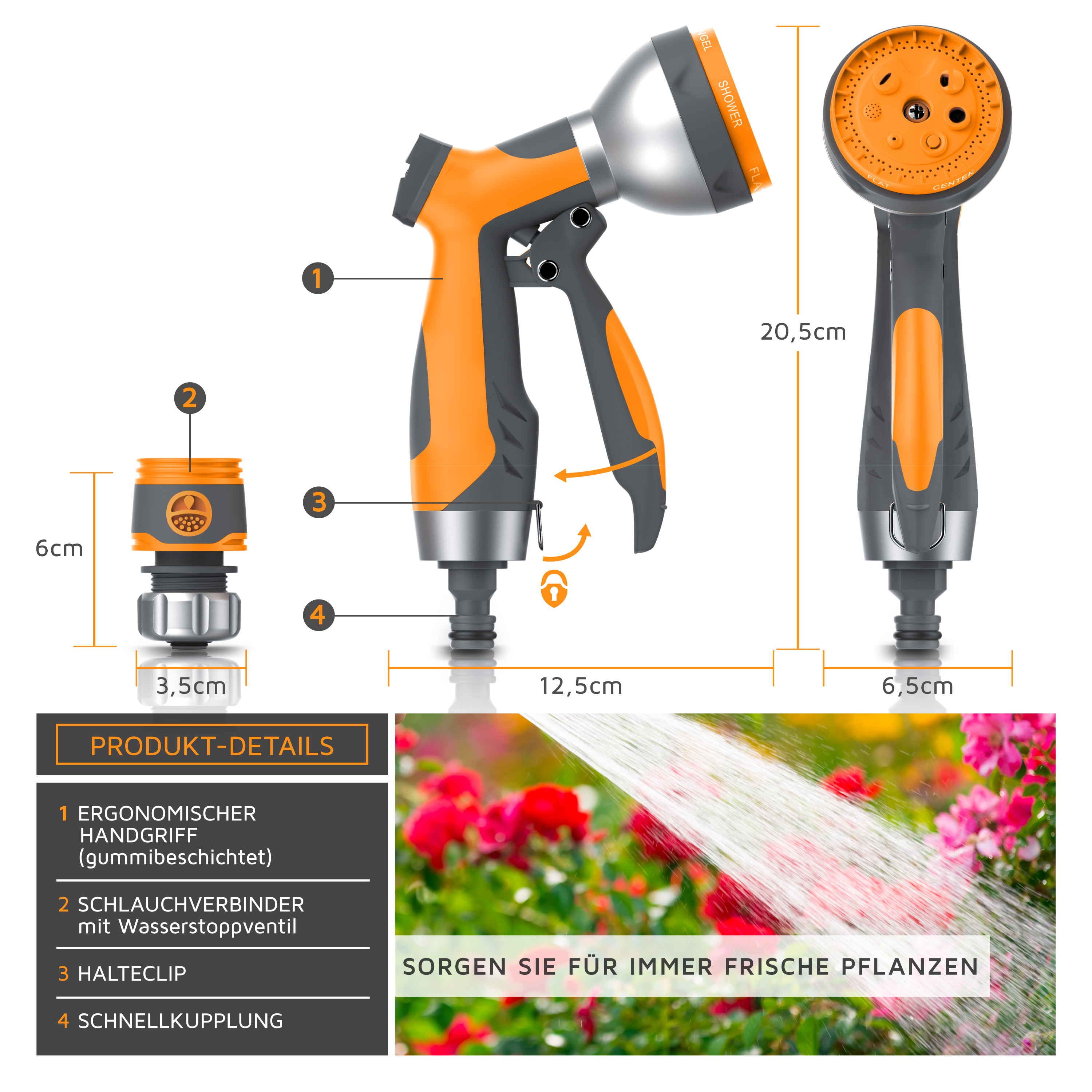 Gartenschlauchdüse von Brandson mit ergonomischem Griff, orange-grauem Design, mehreren Sprüheinstellungen und Schnellkupplung.