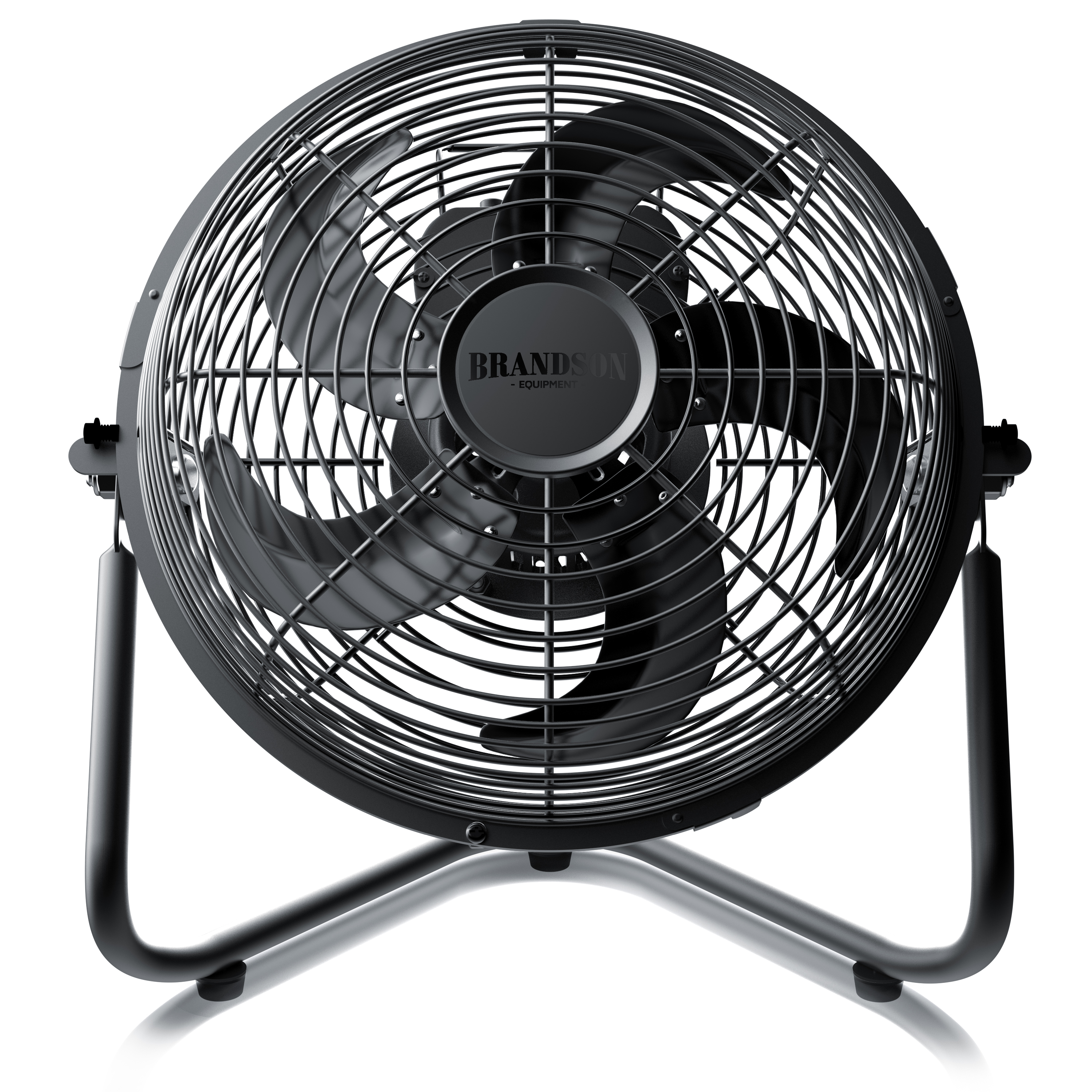 Brandson-Windmaschine mit stabilem schwarzem Metallrahmen und Schutzgitter, sichtbarem Lüfterflügeldesign und zentralem Logo.