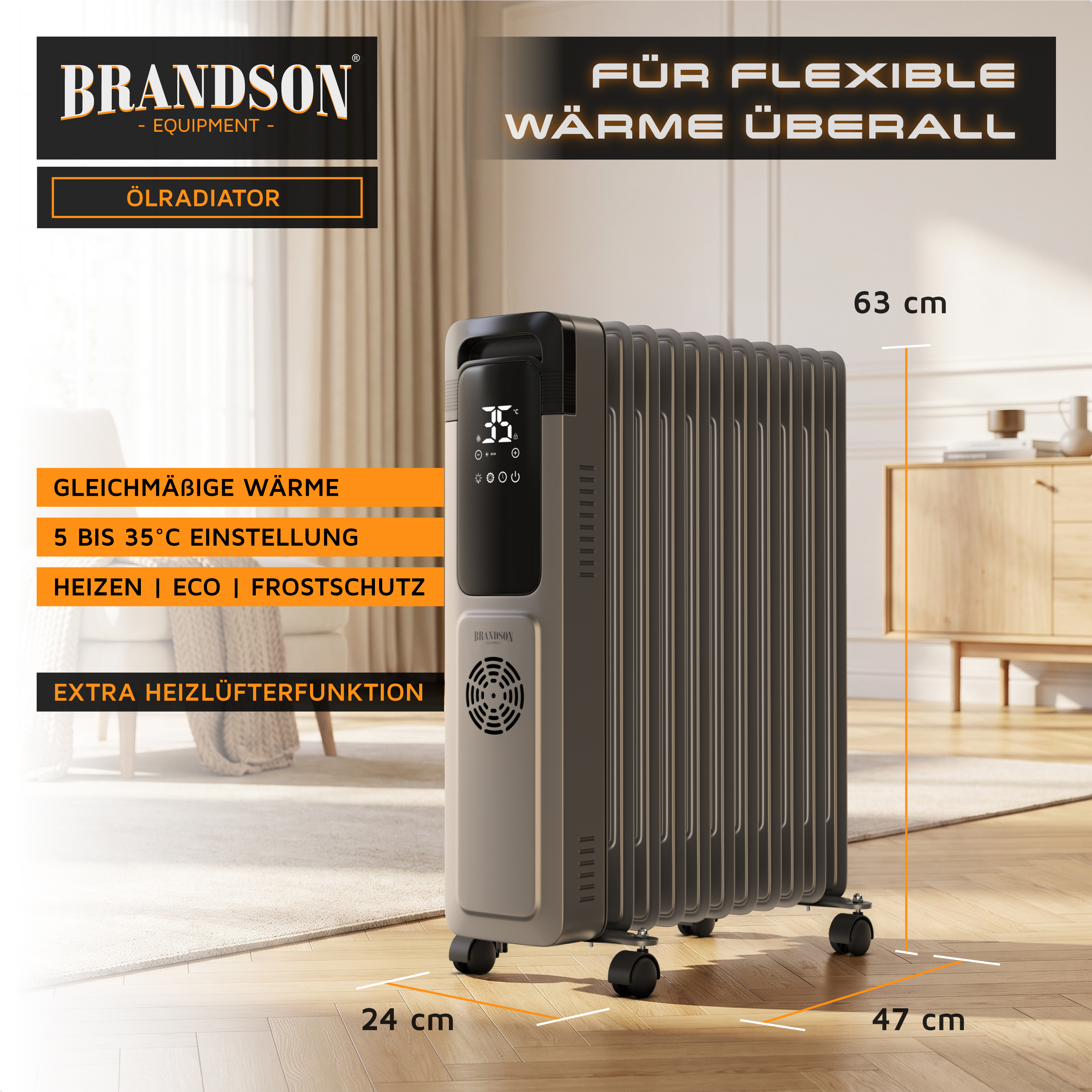 Brandson-Ölradiator in Grau mit Digitalanzeige, Bedienfeld und Rädern, präsentiert in einem Wohnzimmerambiente mit informativen Texteinblendungen.