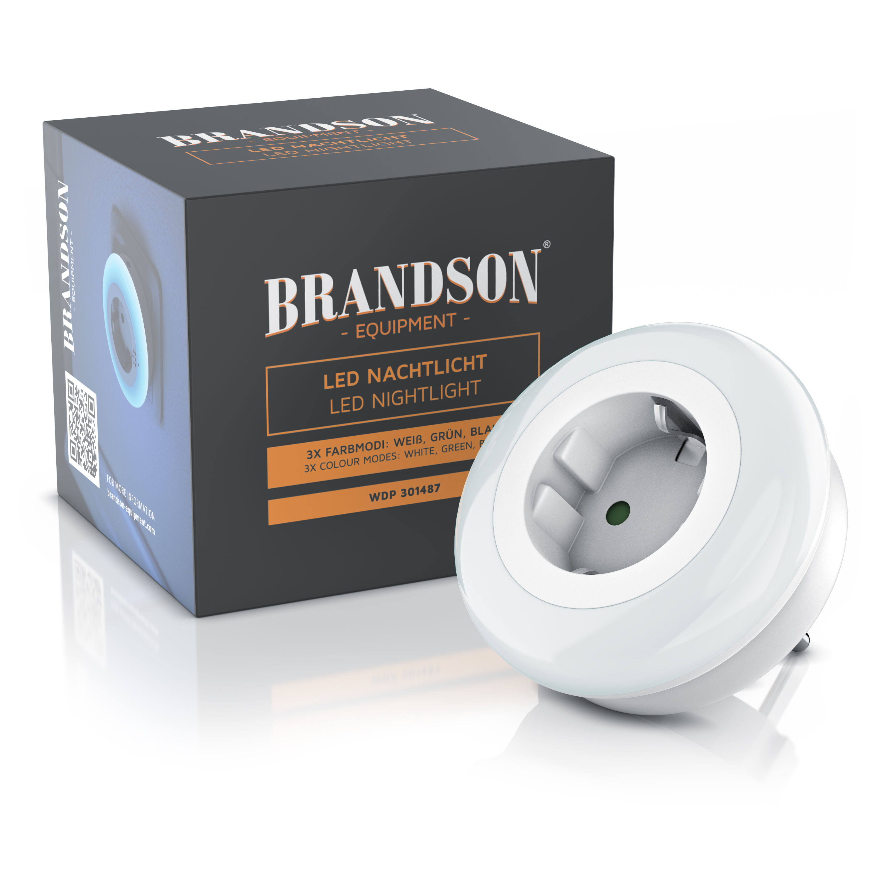 LED-Nachtlicht von Brandson mit rundem weißem Design, grüner Kontrollleuchte und verpackt in einer schwarzen Box mit Produktdetails.