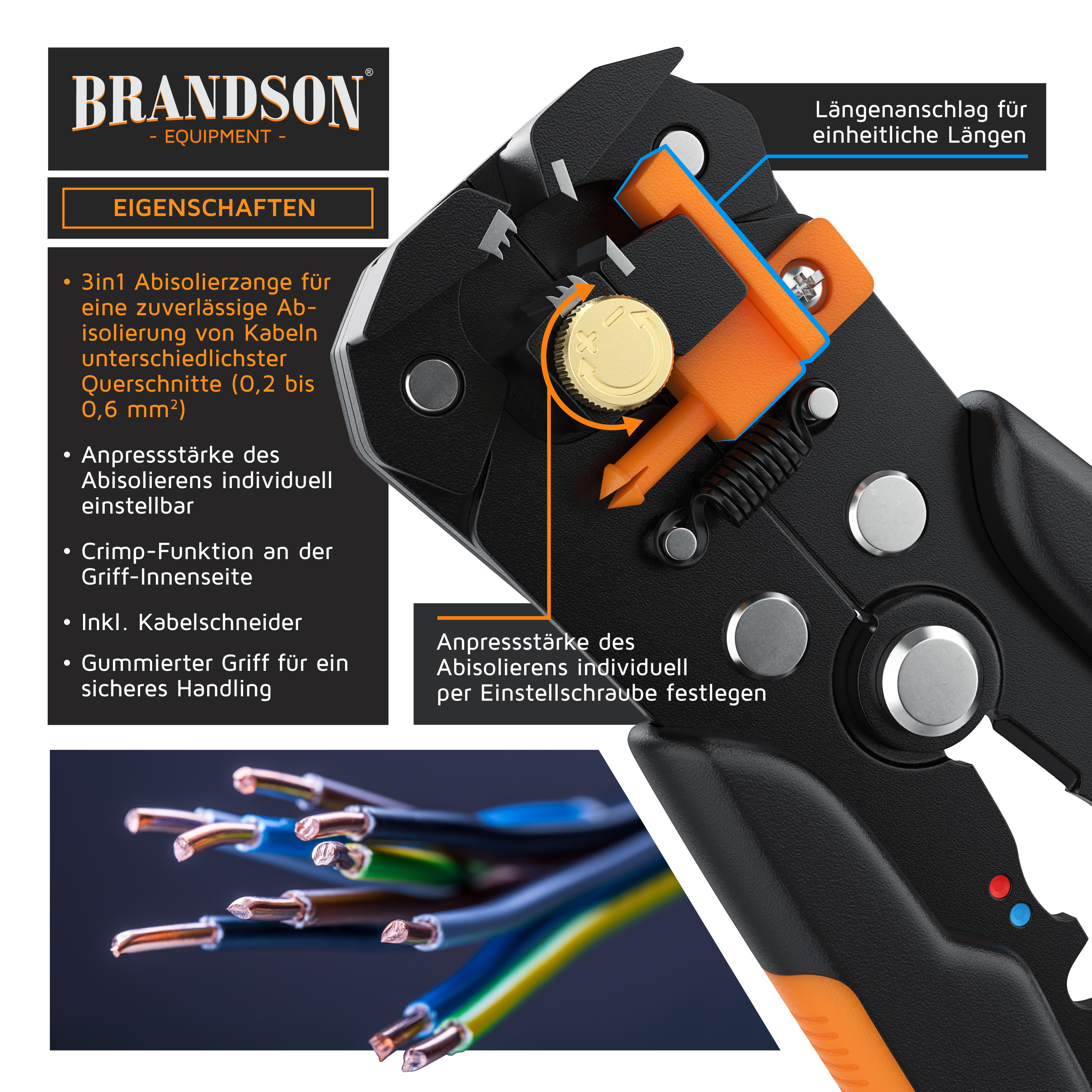 3-in-1-Abisolierwerkzeug von Brandson mit einstellbarer Abisoliertiefe, Crimpfunktion und Gummigriff für sichere Handhabung.