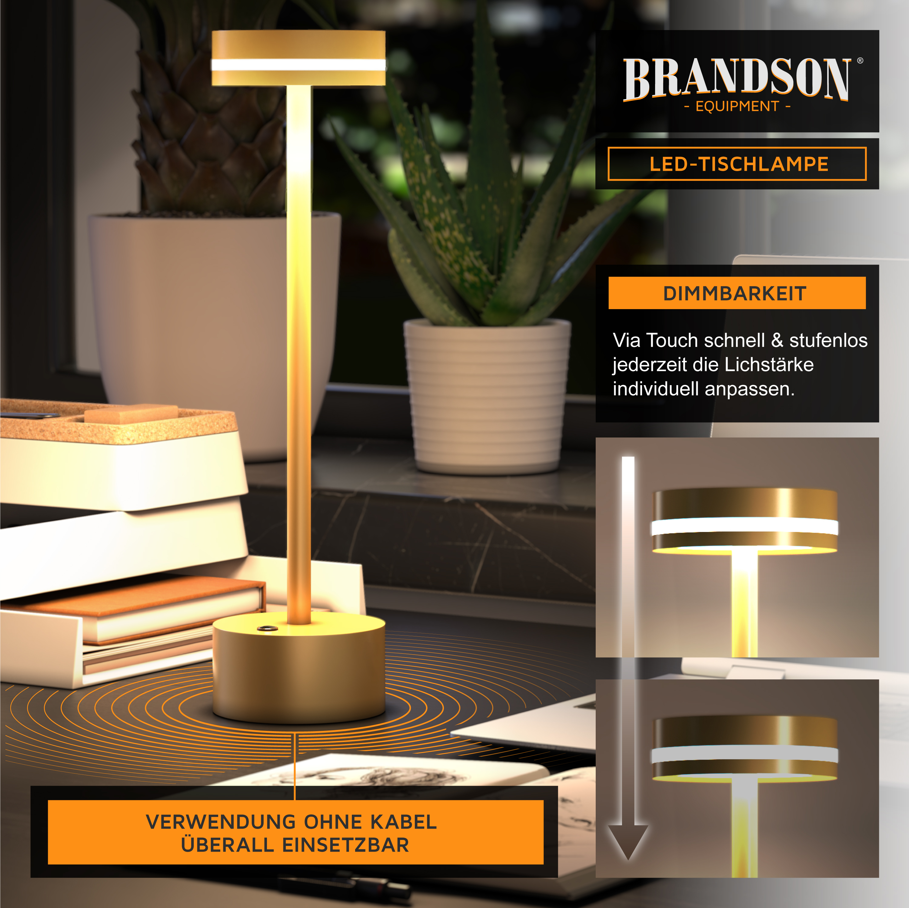 Brandson LED-Tischlampe mit schlankem Design, Touch-Dimmfunktion und goldenem Finish, geeignet für verschiedene Umgebungen.