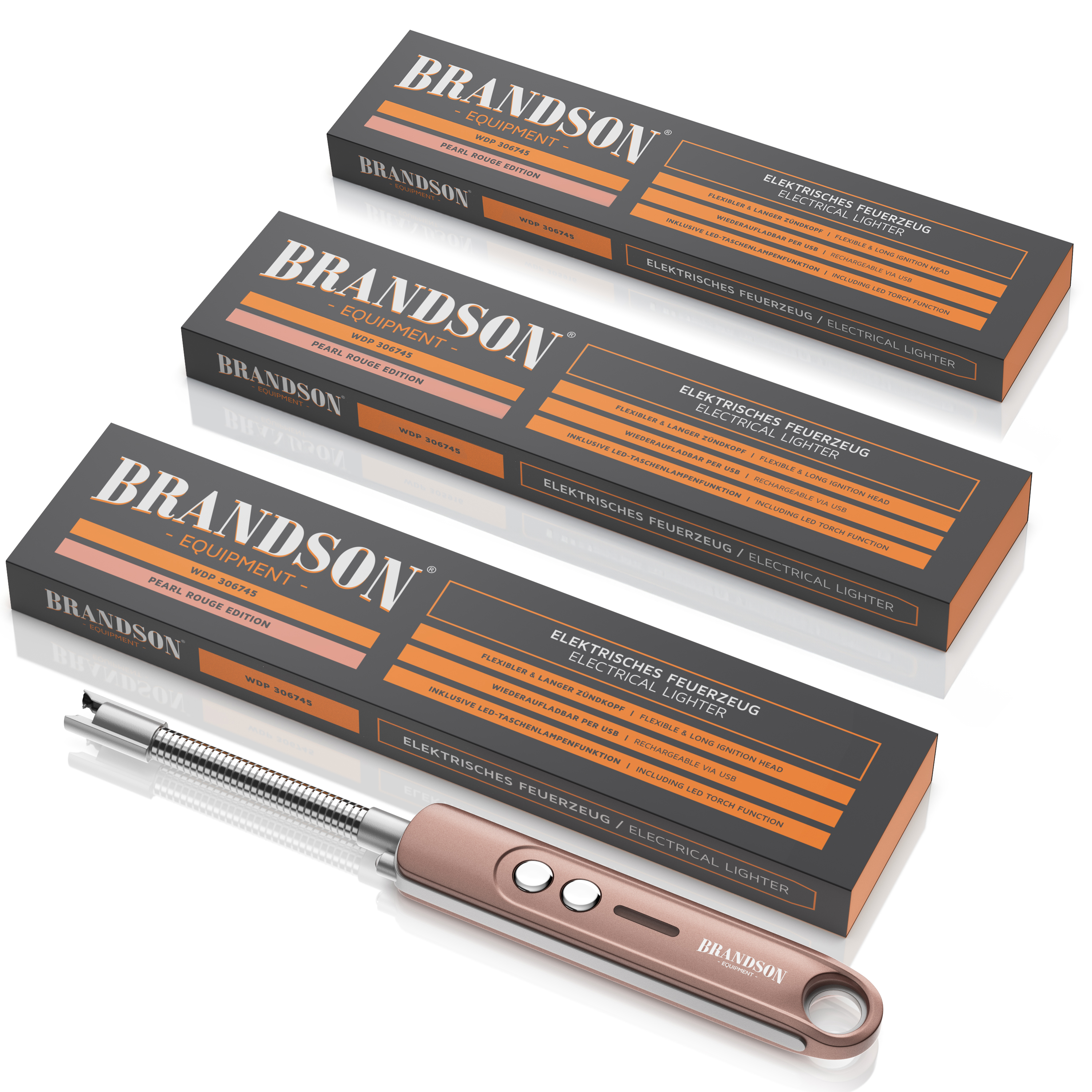 Elektrisches Feuerzeug von Brandson in der Pearl-Rose-Edition mit flexiblem langen Zündkopf und zwei Bedienknöpfen, angezeigt mit Verpackung.
