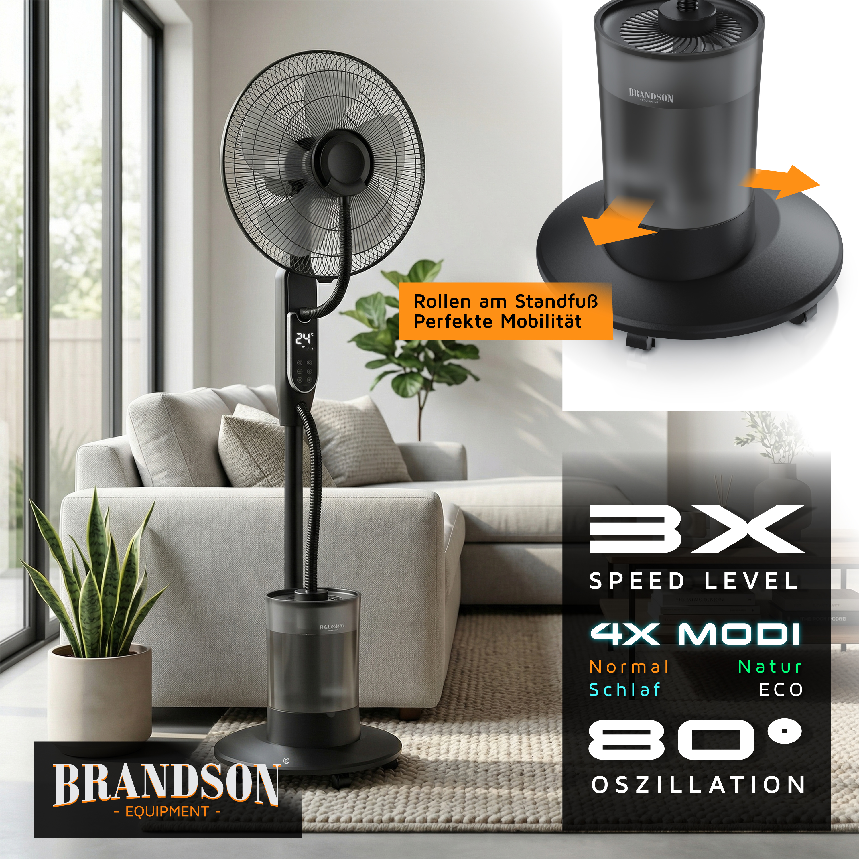Standventilator von Brandson mit elegantem schwarzem Design, Digitalanzeige und Mobilitätsrädern, platziert in einem modernen Wohnzimmerambiente.