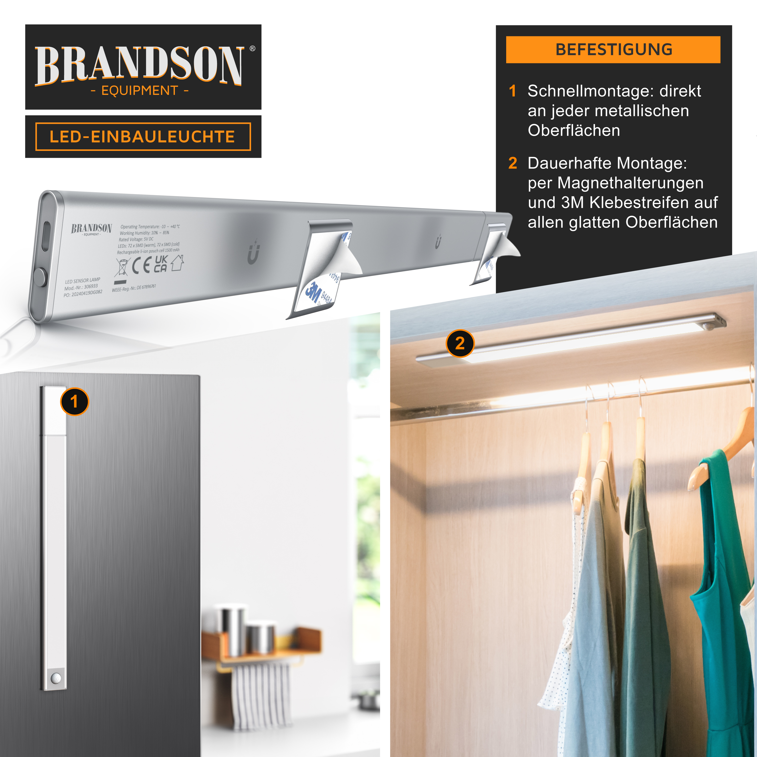 Brandson LED-Einbauleuchte in silberner Farbe, montiert an einer glatten Oberfläche, mit Magnet- und Klebestreifen für einfache Installation.