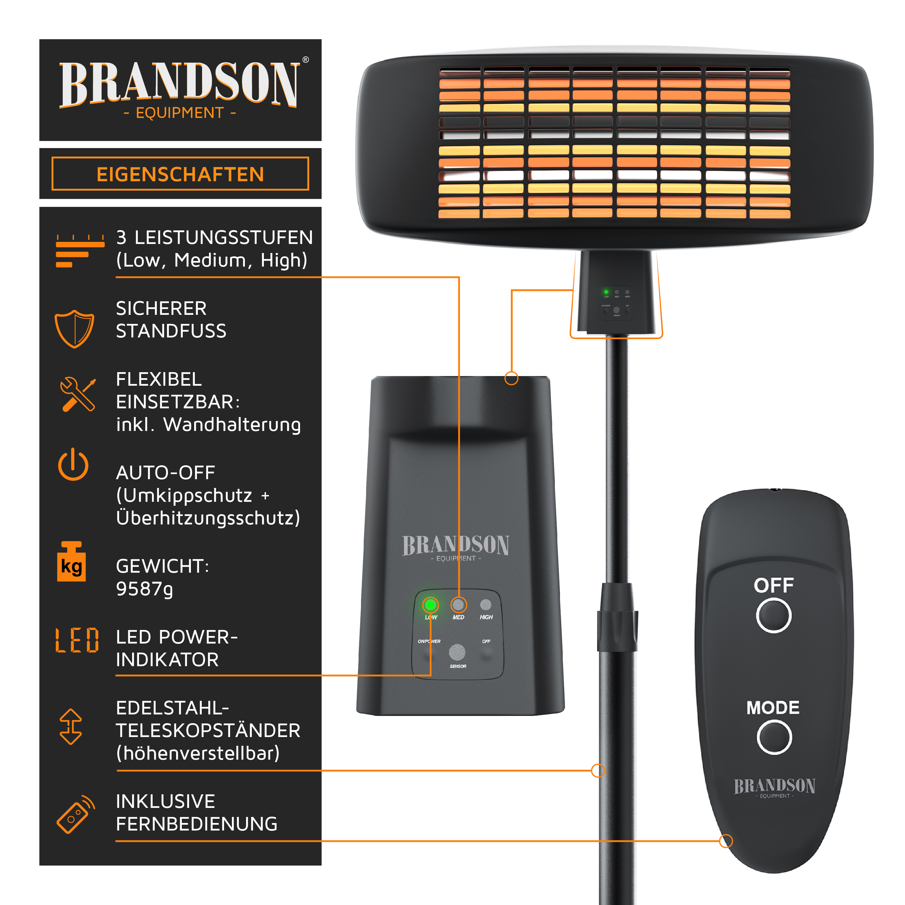 Brandson Heizlüfter mit Edelstahl-Teleskopständer, LED-Power-Anzeige und Fernbedienung, flexibel einsetzbar mit sicherem Standfuß.