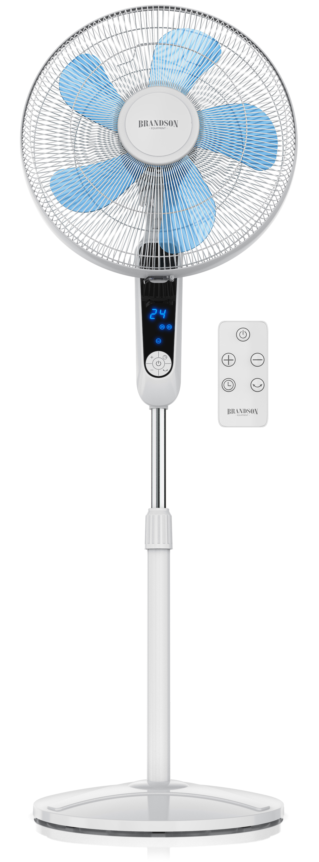 Standventilator von Brandson mit elegantem weißem Design, blauen Flügeln, Digitalanzeige und Fernbedienung für einfache Bedienung.