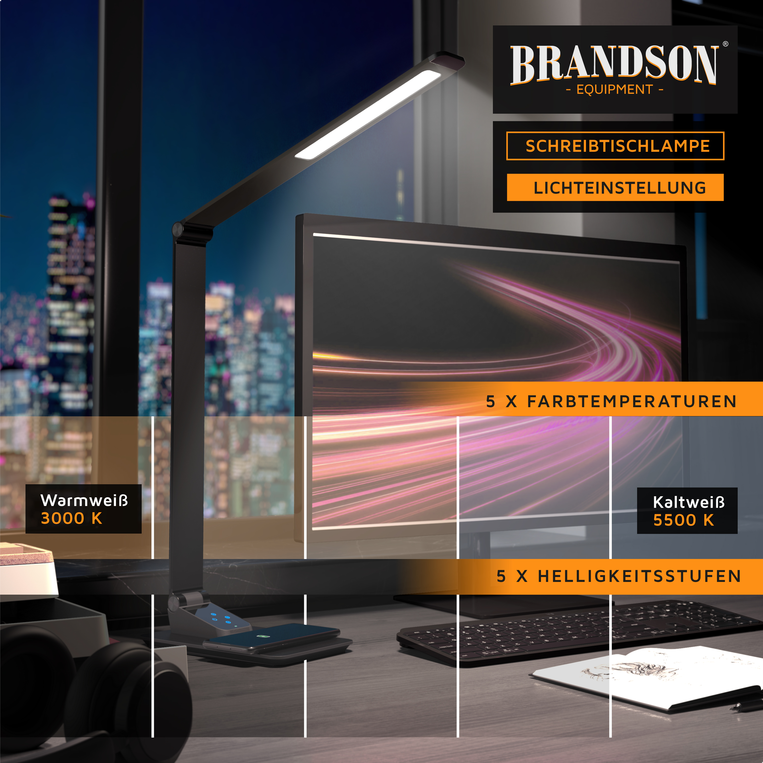 Brandson Schreibtischlampe mit flexiblem Arm, schwarzem Design und Touch-Bedienfeld, bietet verschiedene Lichttemperaturen und Helligkeitsstufen.