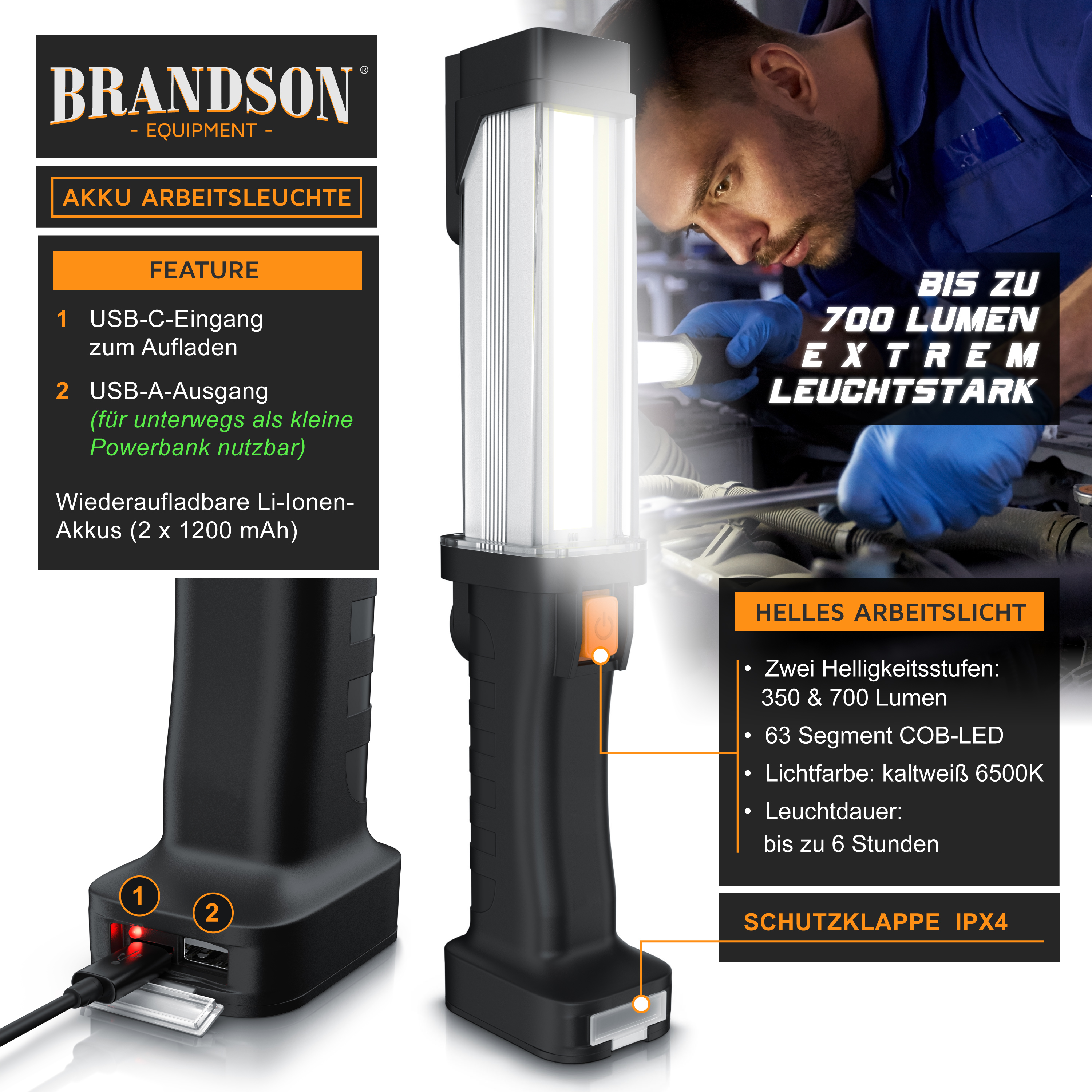 Brandson Akku-Arbeitsleuchte mit USB-C-Eingang, USB-A-Ausgang, zwei Helligkeitsstufen und IPX4-Schutzklasse, ideal für Werkstatt und unterwegs.