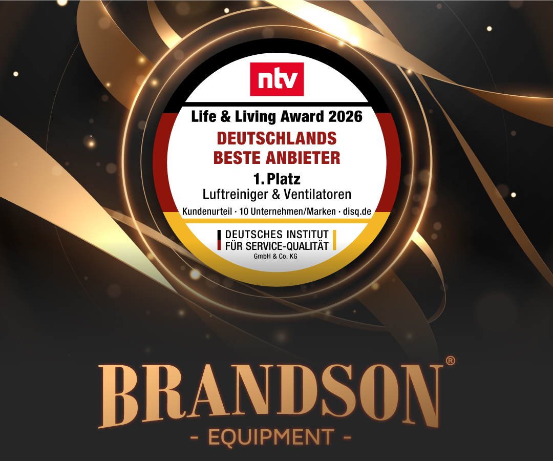 Brandson-Award-Abzeichen für den besten Anbieter von Luftreinigern und Ventilatoren mit kreisförmigem Design mit Text und goldenen Akzenten.