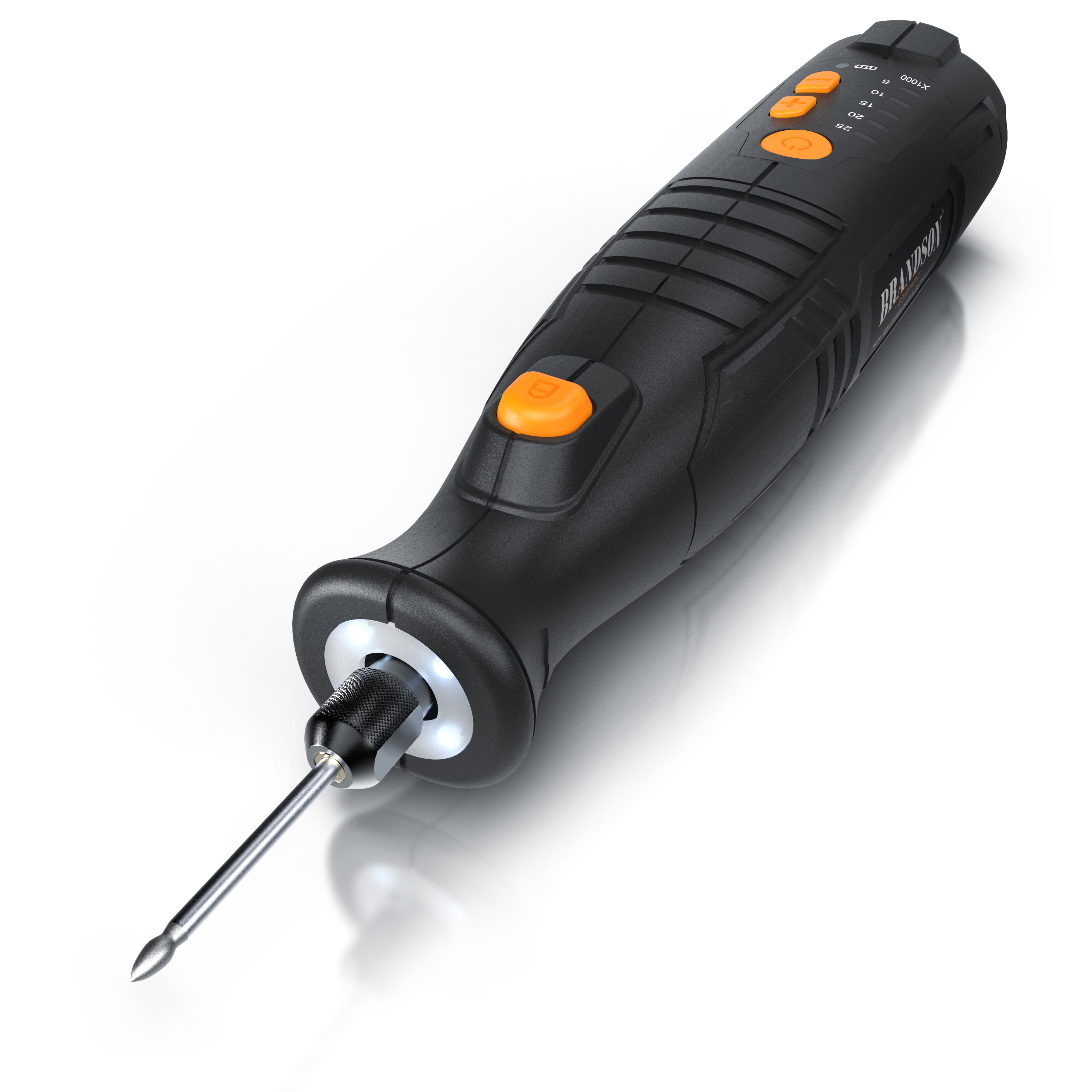 Elektroschrauber von Brandson mit ergonomischem Griff, LED-Licht und mehreren Bedientasten für einfache Bedienung.