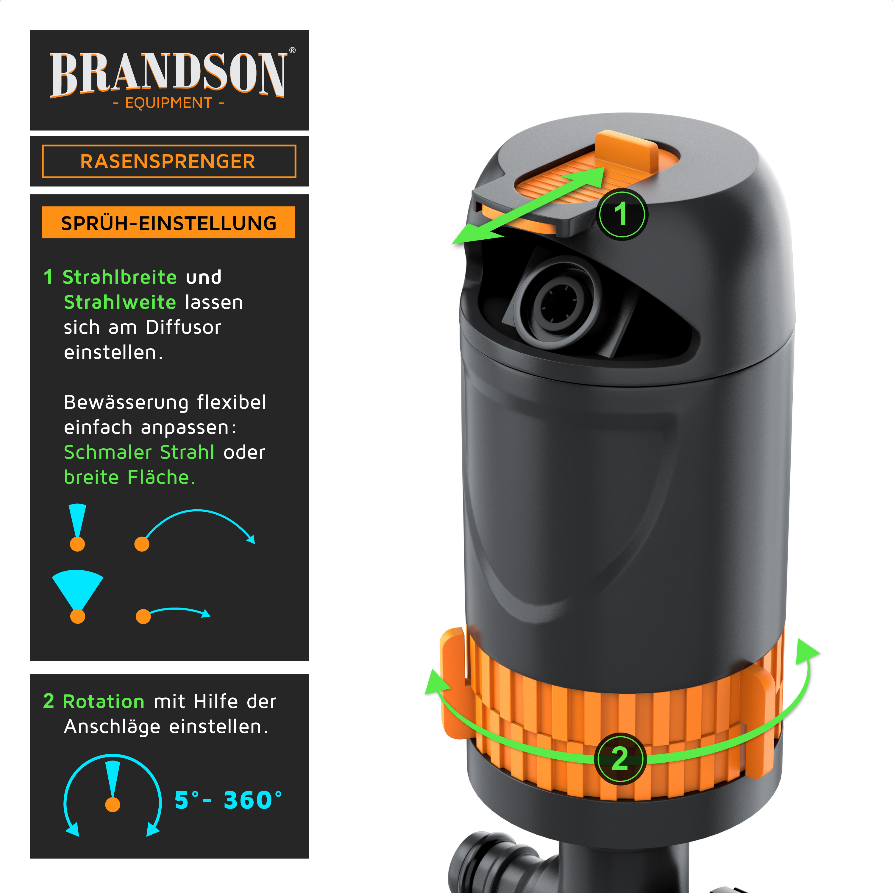 Brandson Rasensprenger mit einstellbarem Sprühbild, schwarzem Gehäuse und orangefarbenen Akzenten für flexible Bewässerung.