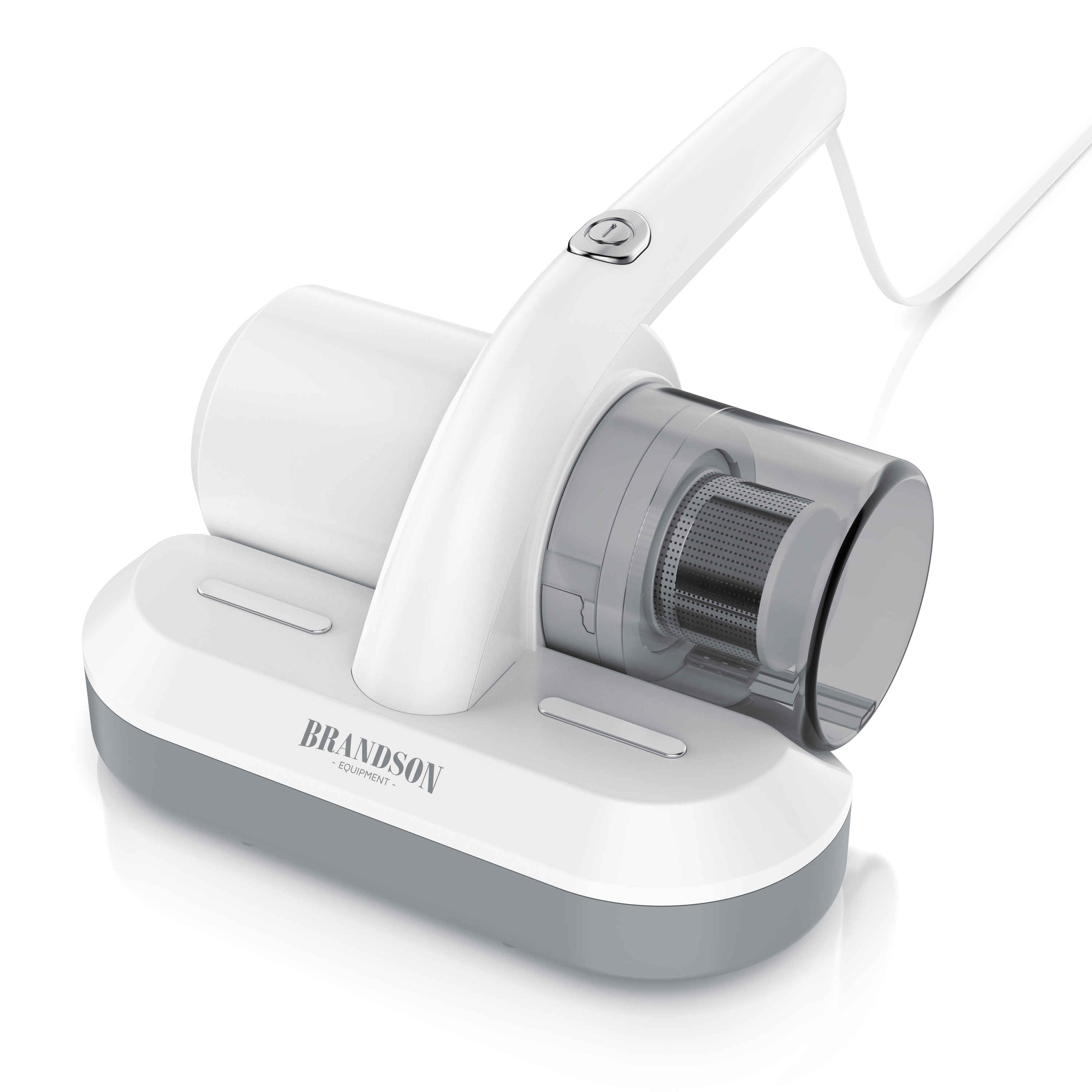 Brandson Handstaubsauger in Weiß mit transparentem Staubbehälter, ergonomischem Griff und Bedienknopf, ideal für die schnelle Reinigung.