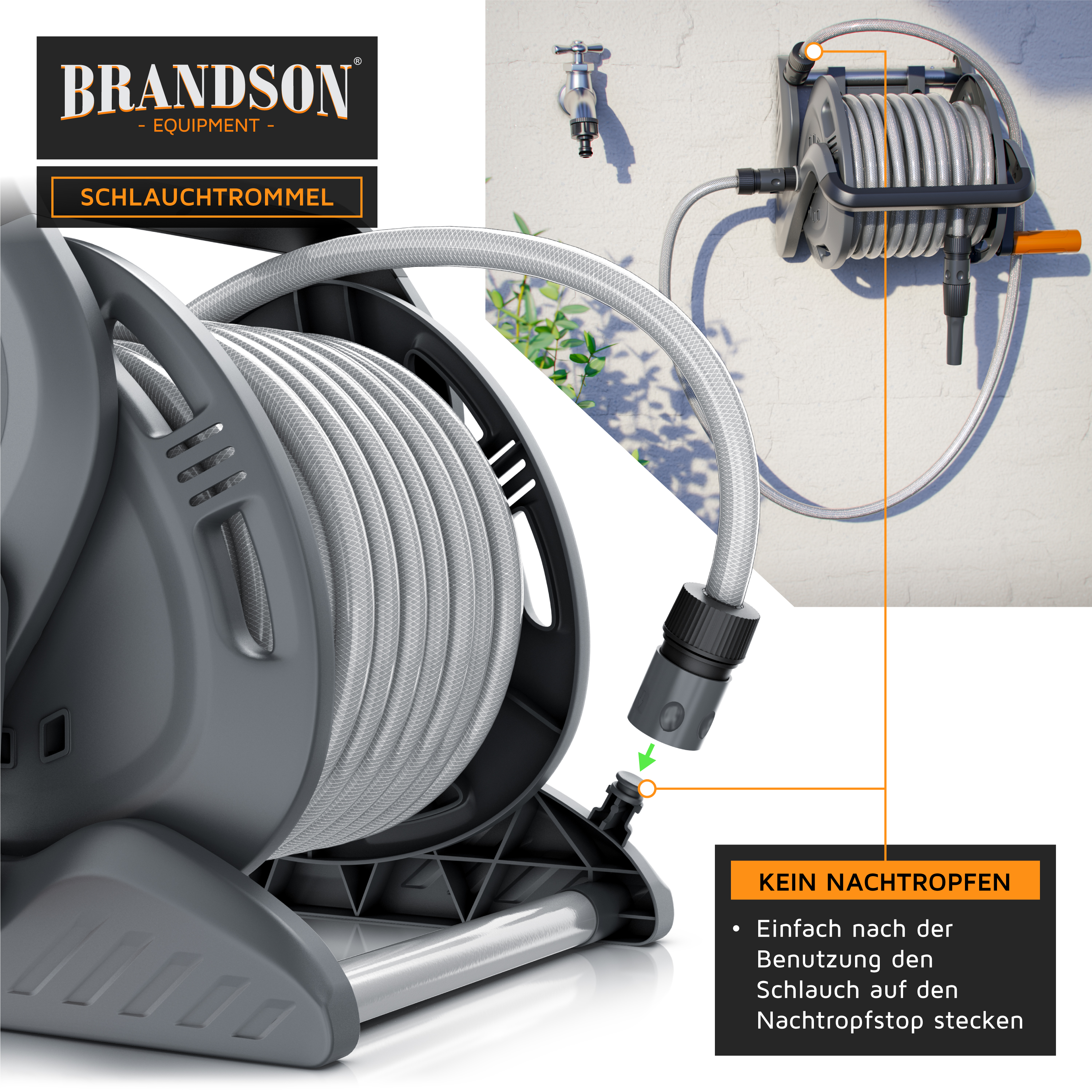 Brandson Schlauchrolle mit grauem Schlauch, Wandmontage, ergonomischem Griff und Tropfstopp-Mechanismus für einfache Handhabung.