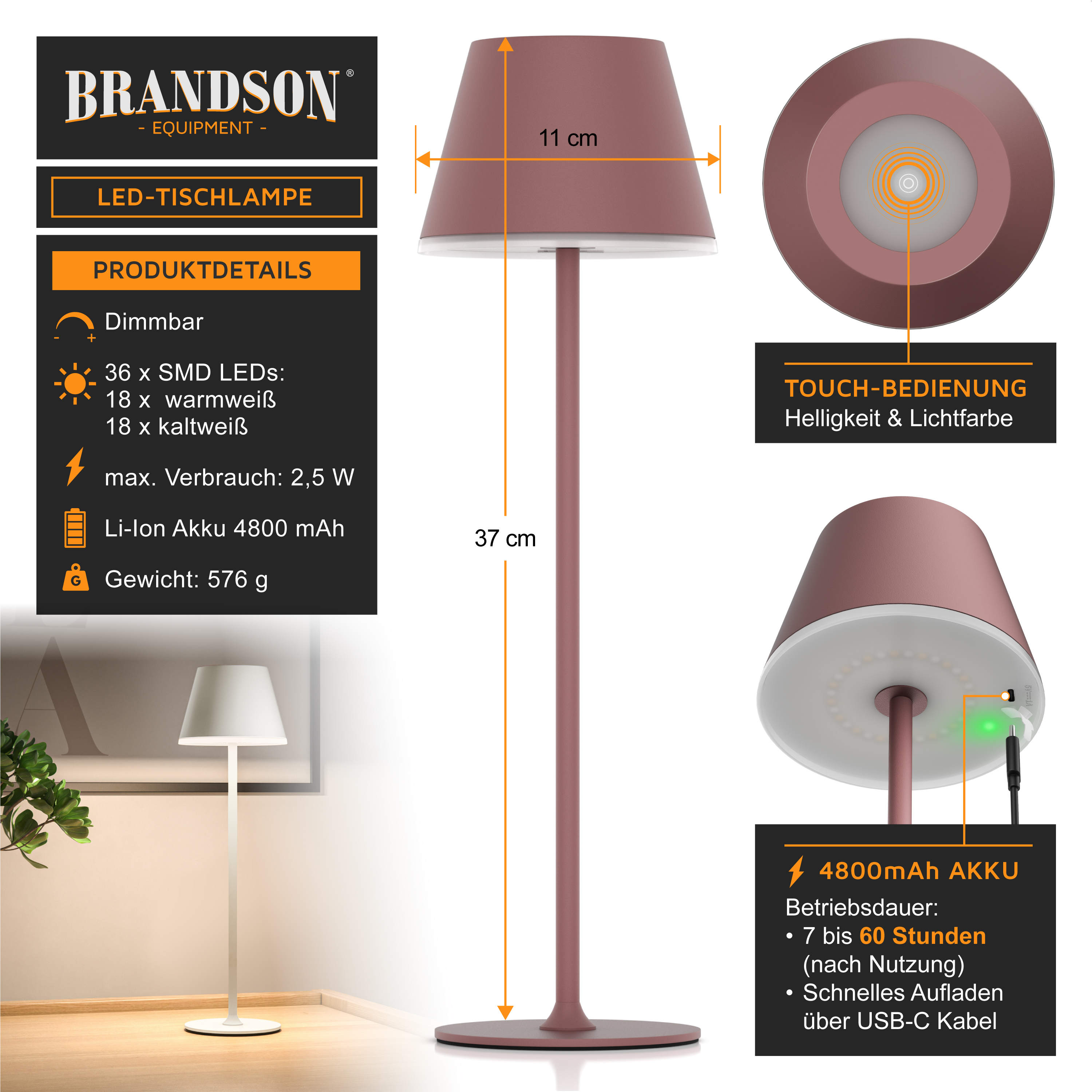 Brandson LED-Tischleuchte mit rosa Schirm, Touch-Steuerung für Helligkeit und Lichtfarbe und elegantem Design.