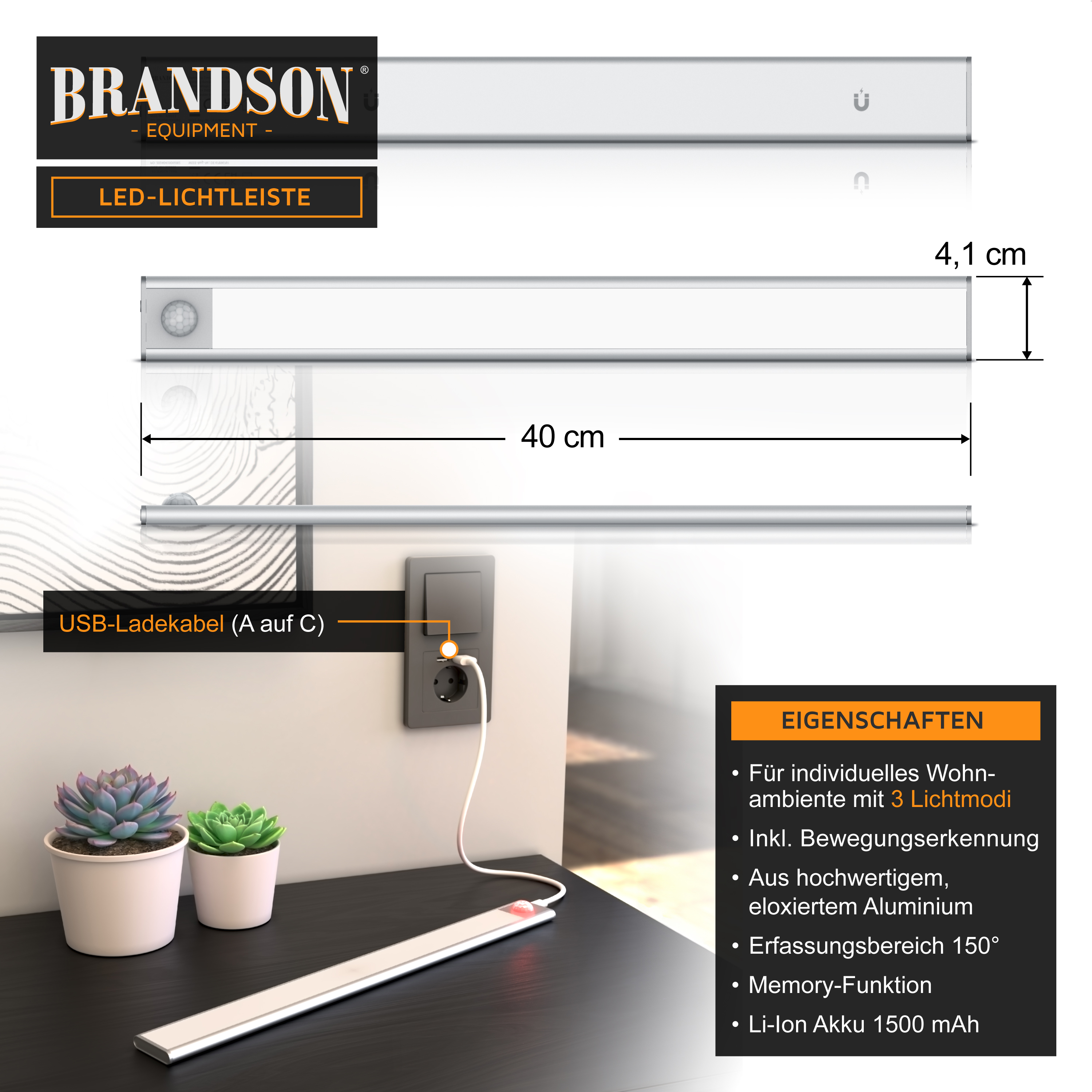 Brandson LED-Lichtleiste im eleganten Aluminiumdesign, 40 cm lang, mit Bewegungserkennung und USB-C-Aufladung, platziert auf einem modernen Tisch.