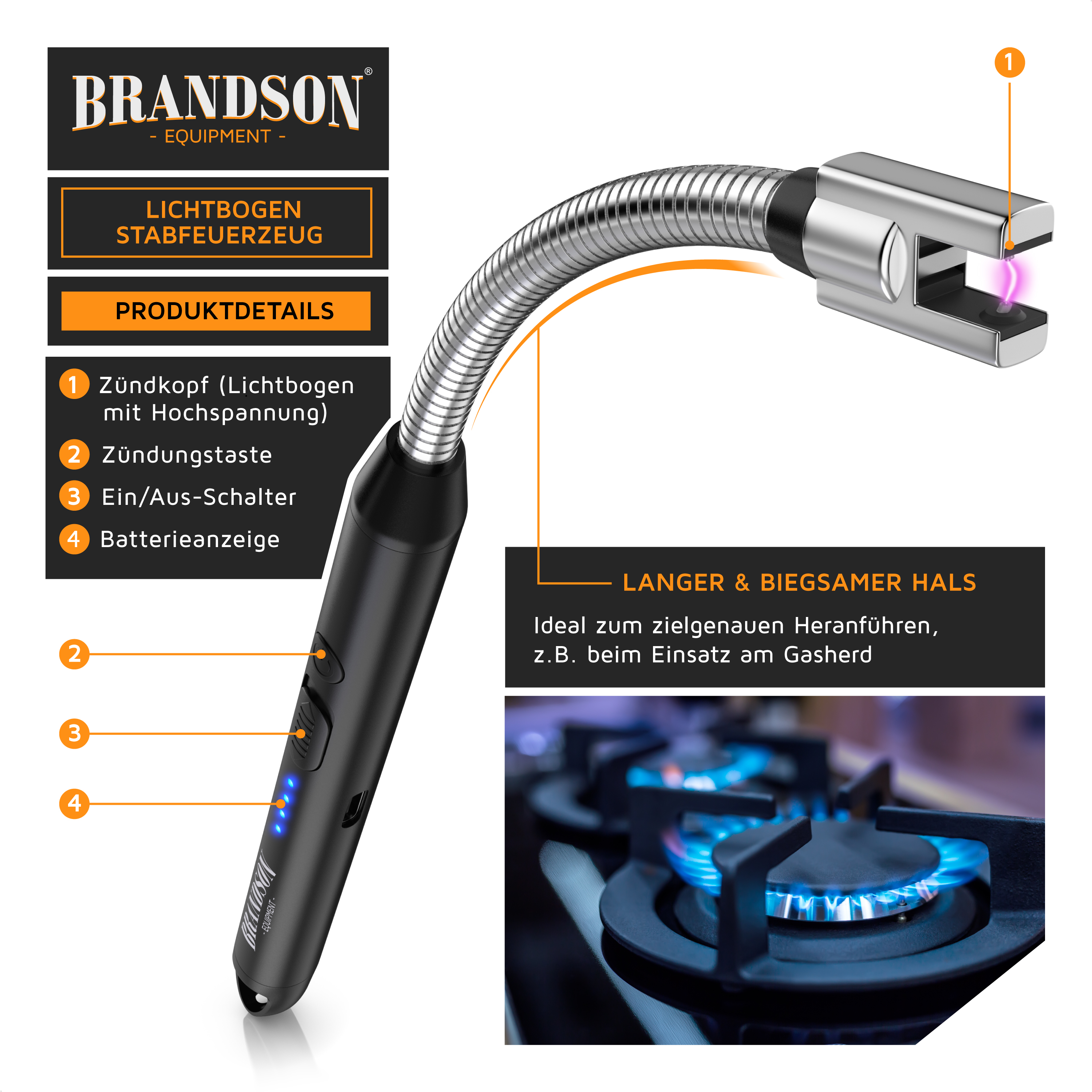 Brandson Lichtbogen-Stabfeuerzeug mit flexiblem Hals, Zündtaste, Ein/Aus-Schalter und Batterieanzeige, ideal für den Einsatz am Gasherd.