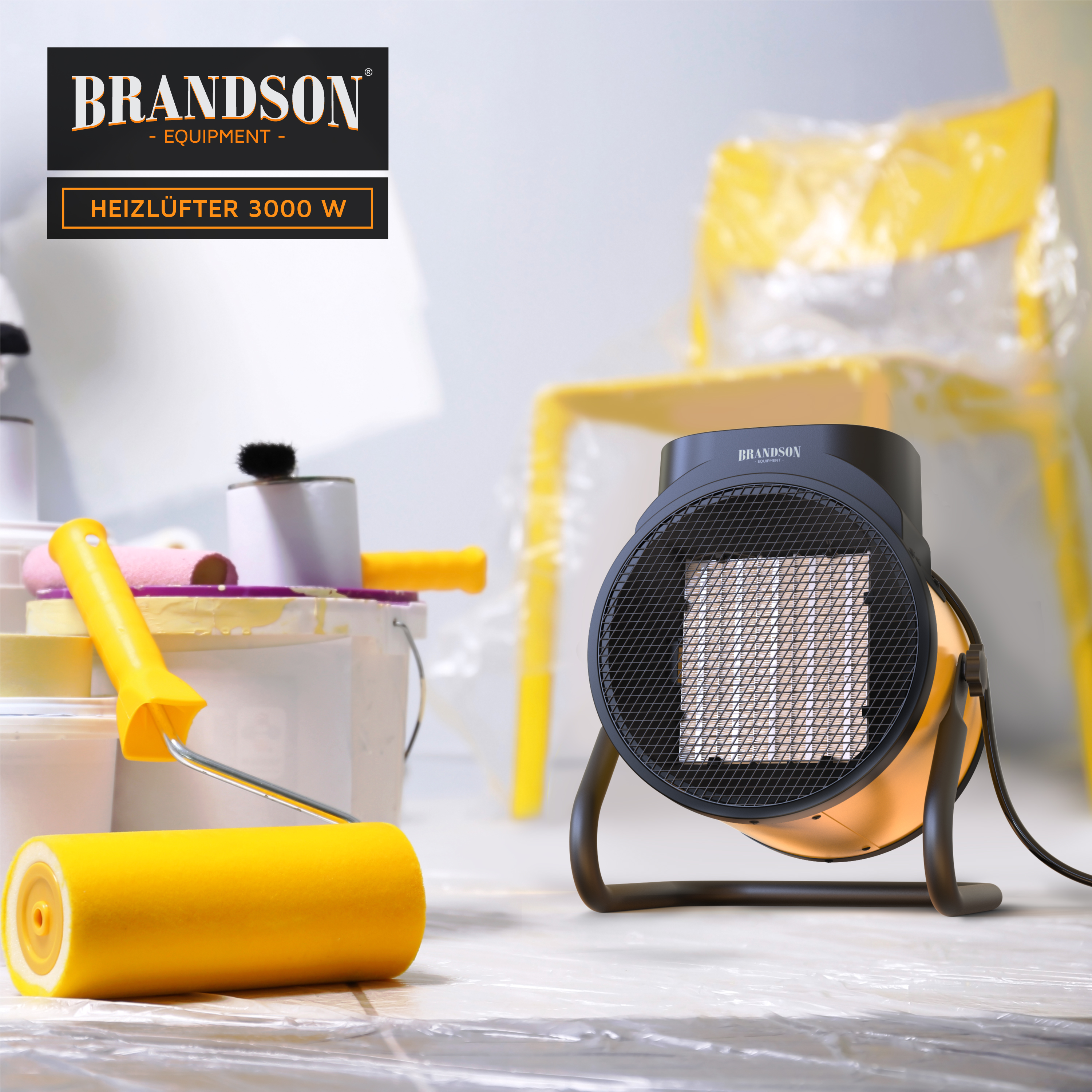 Brandson Heizlüfter in schwarz und orange mit runder Bauform, Gitterfront und stabilen Standfüßen, ideal für den Einsatz in renovierten Räumen.