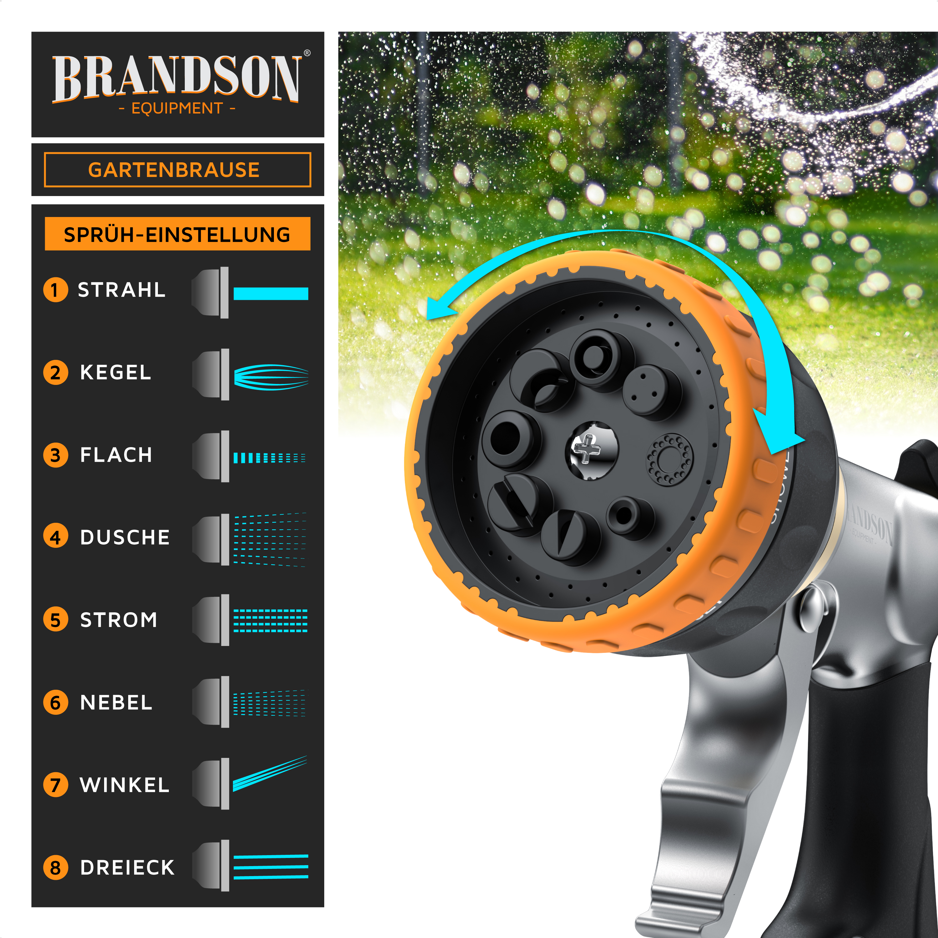 Gartensprühdüse von Brandson mit einstellbaren Sprüheinstellungen, schwarzem und orangefarbenem Design, ergonomischem Griff und mehreren Sprühmustern.