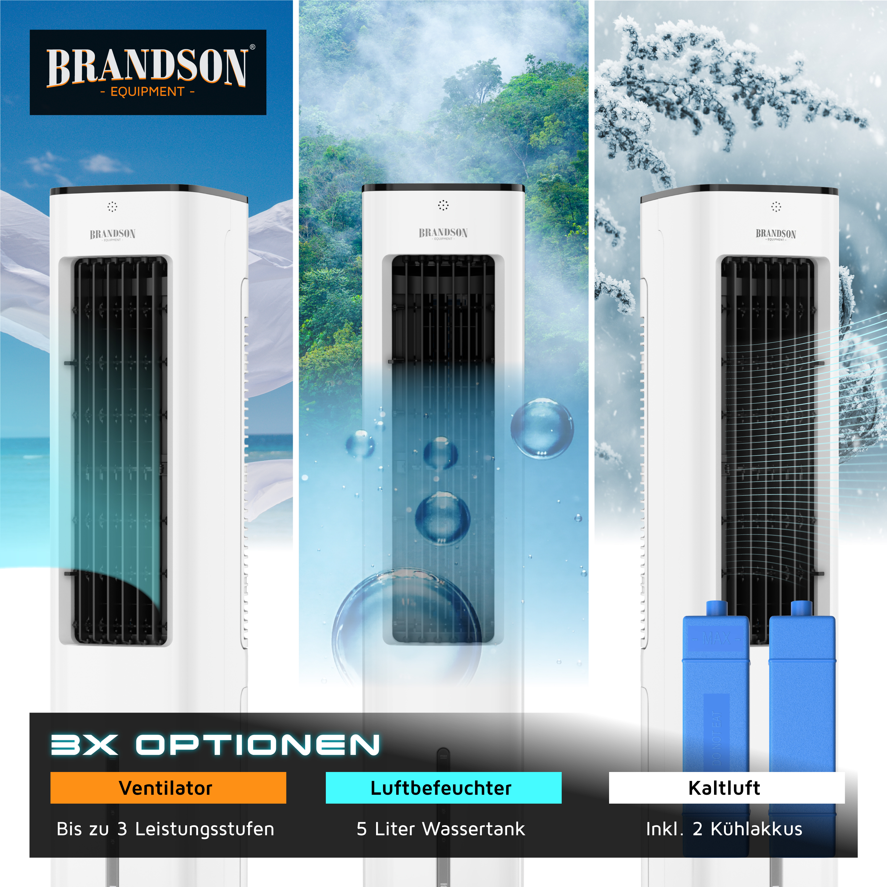 Brandson-Turmventilator mit elegantem weißem Design, Bedienfeld und Wassertank zur Befeuchtung, gezeigt in einer erfrischenden Umgebung.
