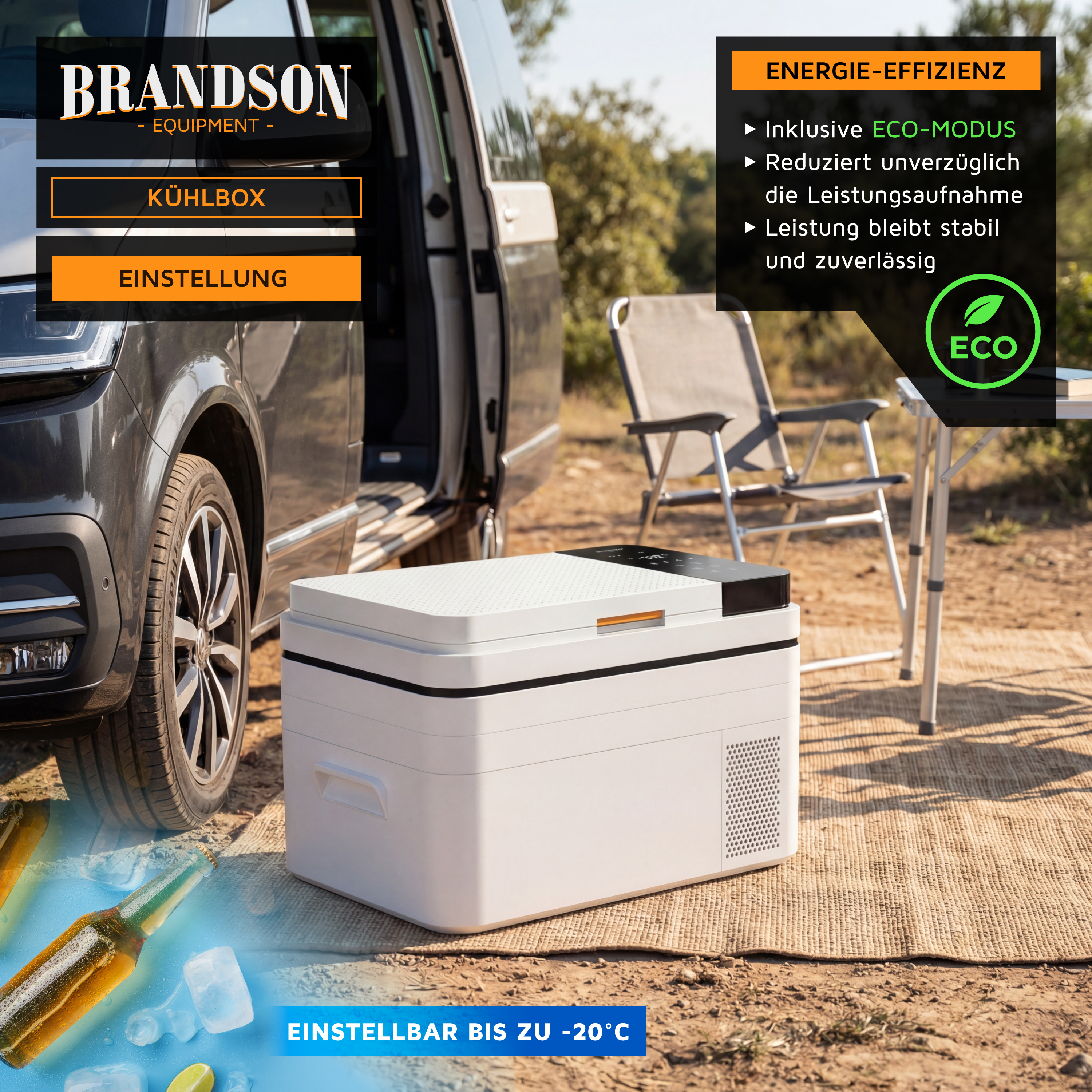 Brandson Kühlbox in Weiß mit einem stabilen Griff und einem digitalen Bedienfeld, auf einem Campingplatz neben einem Auto.