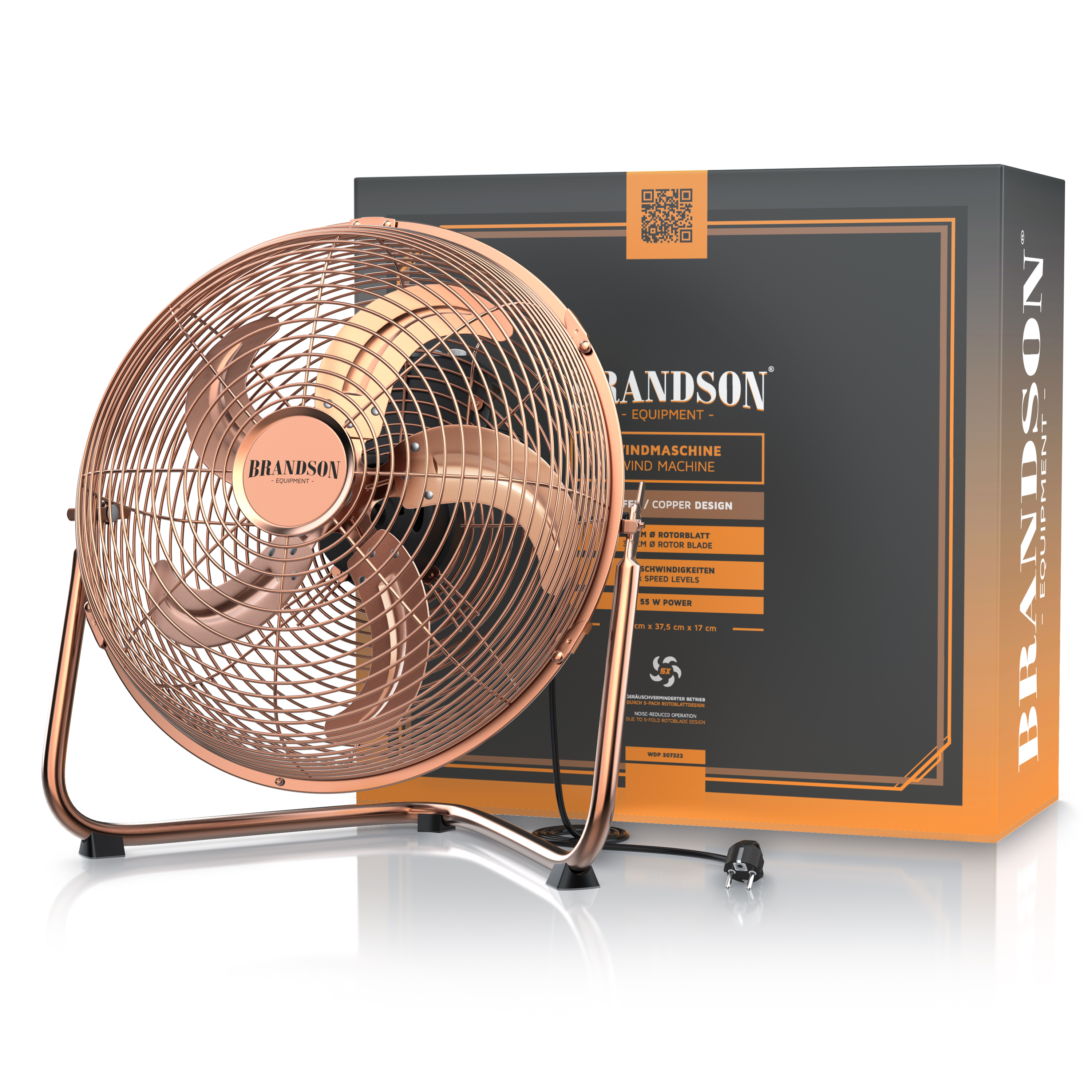 Windmaschine von Brandson im Kupferdesign mit stabilem Ständer, sichtbaren Rotorblättern und Verpackung im Hintergrund.