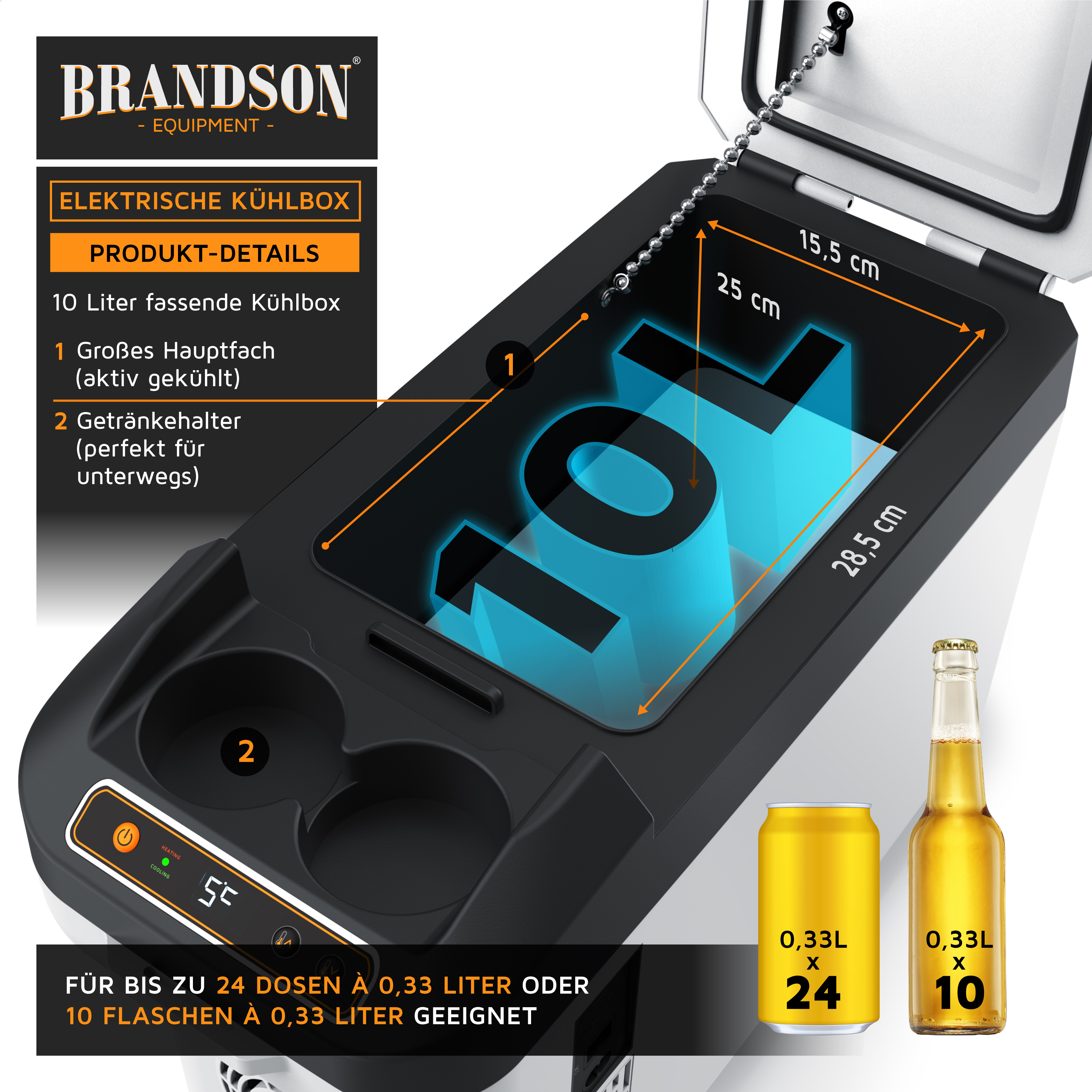 Brandson elektrische Kühlbox mit 10 Litern Volumen, aktiv gekühltem Hauptfach und Getränkehaltern, ideal für unterwegs.