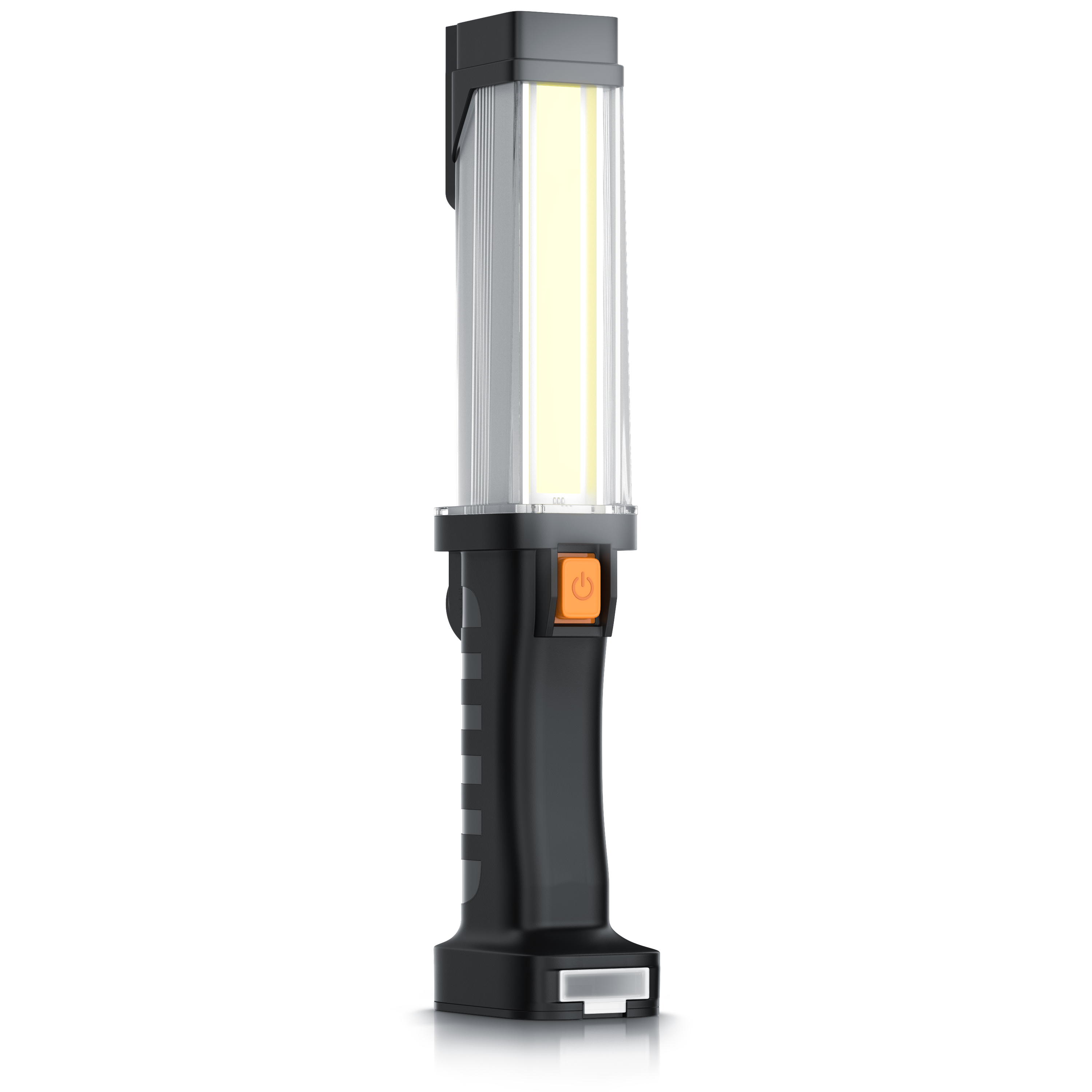 Brandson Arbeitsleuchte mit einem schlanken, schwarzen Gehäuse, einem großen LED-Licht und einem orangefarbenen Ein-/Ausschalter.
