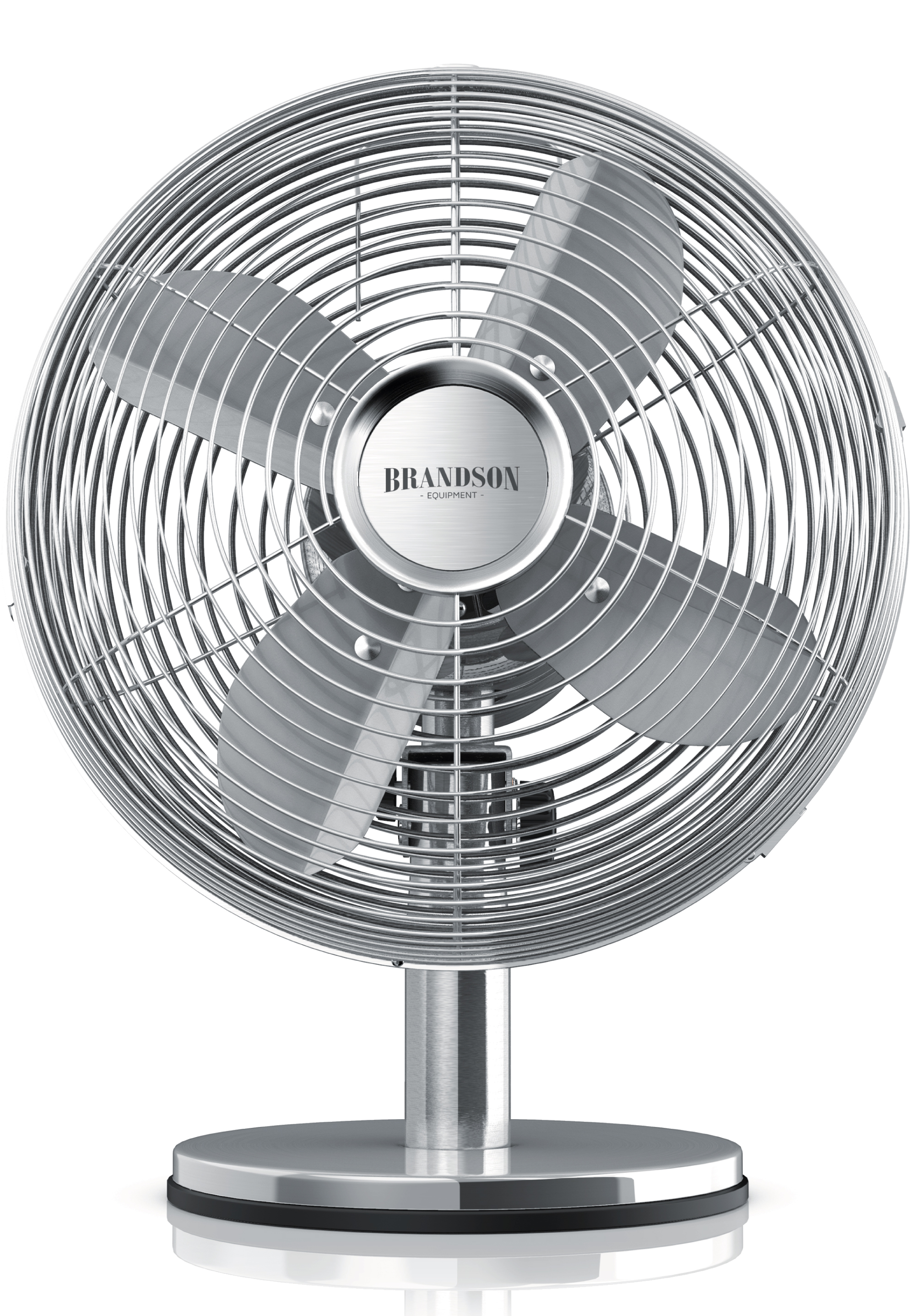 Brandson Standventilator mit silbernem Metallgehäuse, stabiler Basis und sichtbaren Lüftern für effektive Luftzirkulation.