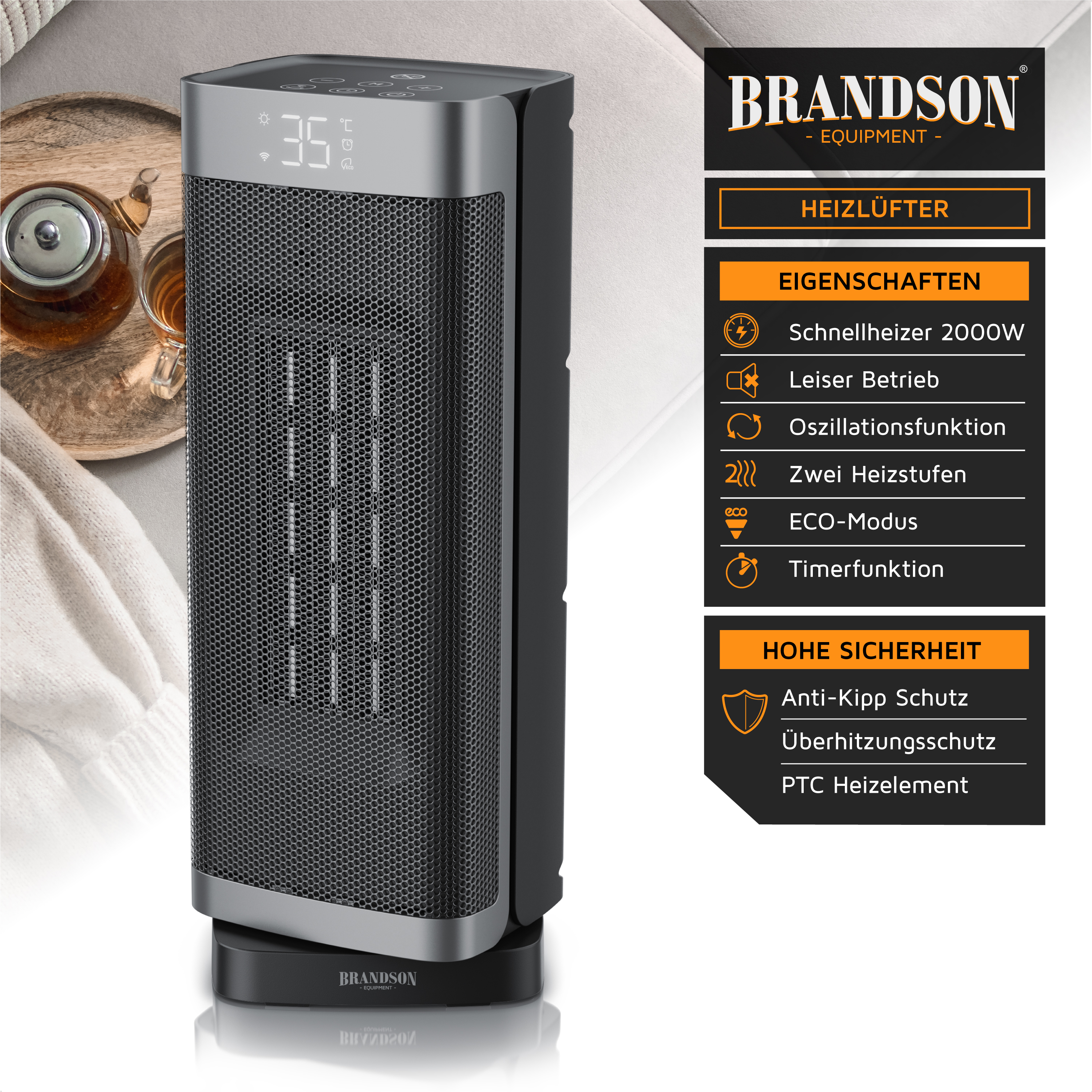 Brandson Heizlüfter in schlanker Bauform, schwarz mit silbernem Oberteil, digitalem Display und Bedienfeld, ideal für den Einsatz im Wohnbereich.