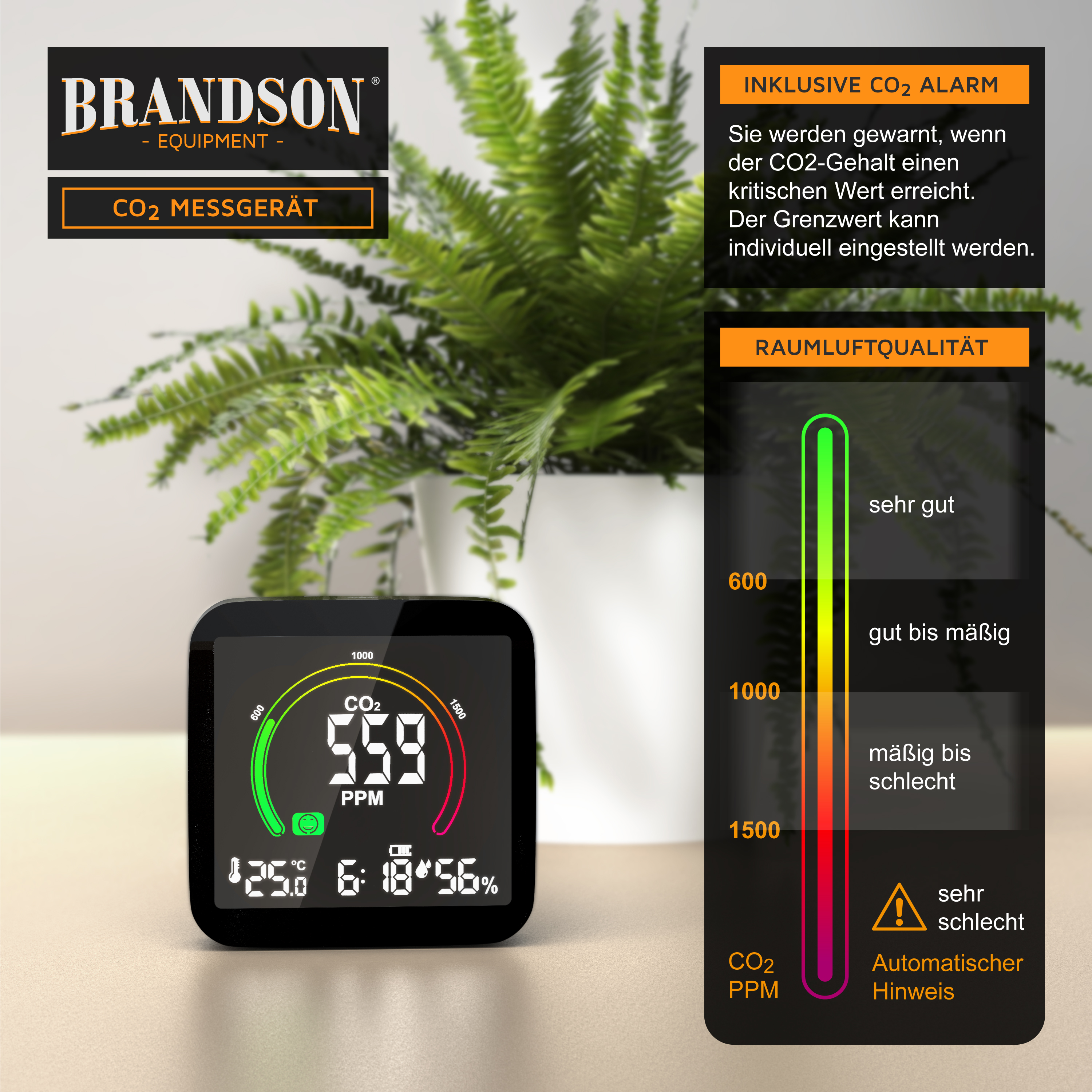 Brandson CO2-Messgerät mit quadratischem Display zur Anzeige von CO2-Werten, Temperatur und Luftfeuchtigkeit, platziert auf einem Tisch in der Nähe einer Pflanze.