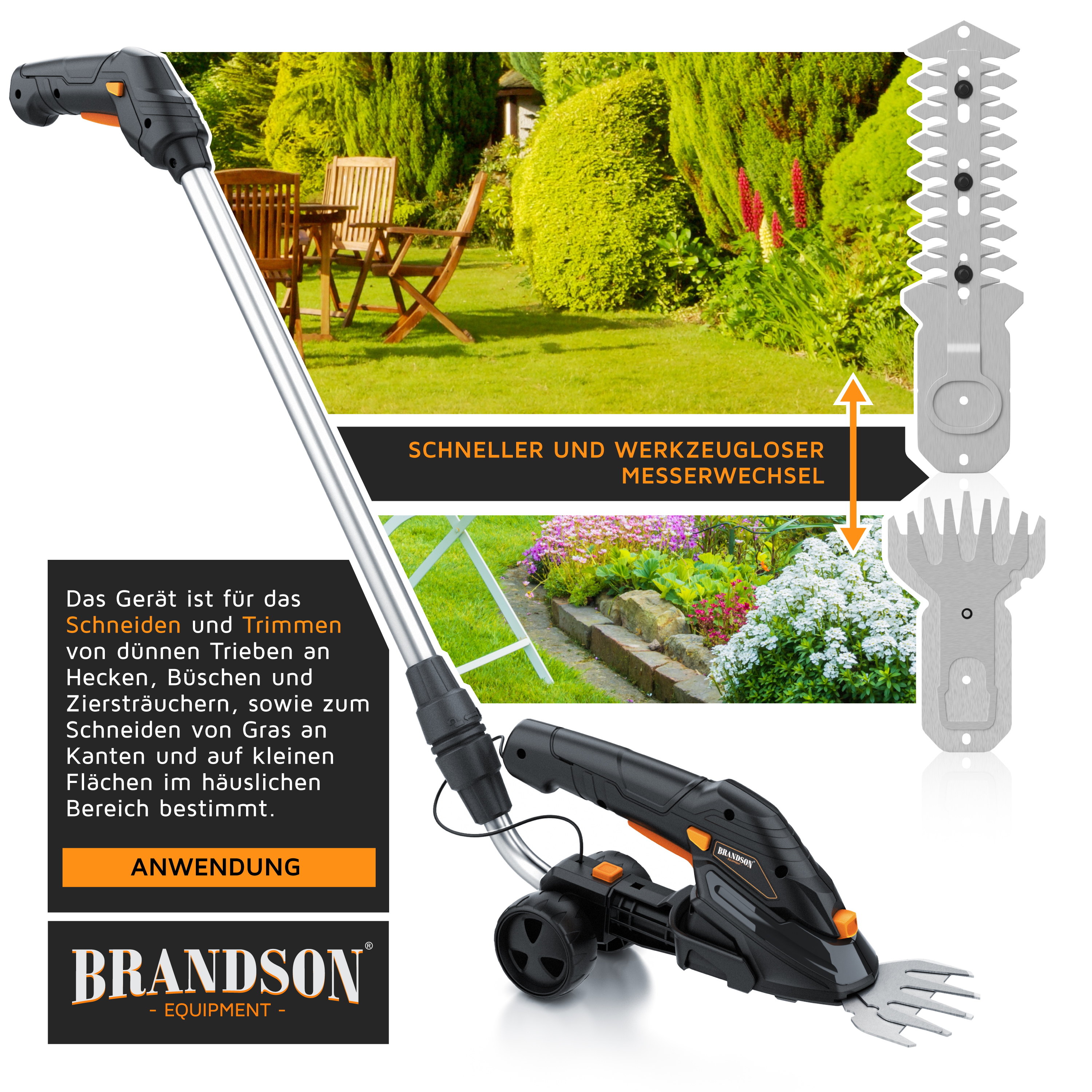 Brandson Gartenwerkzeug mit ergonomischem Griff, verstellbarem Teleskopstiel und austauschbaren Messern für präzises Schneiden.
