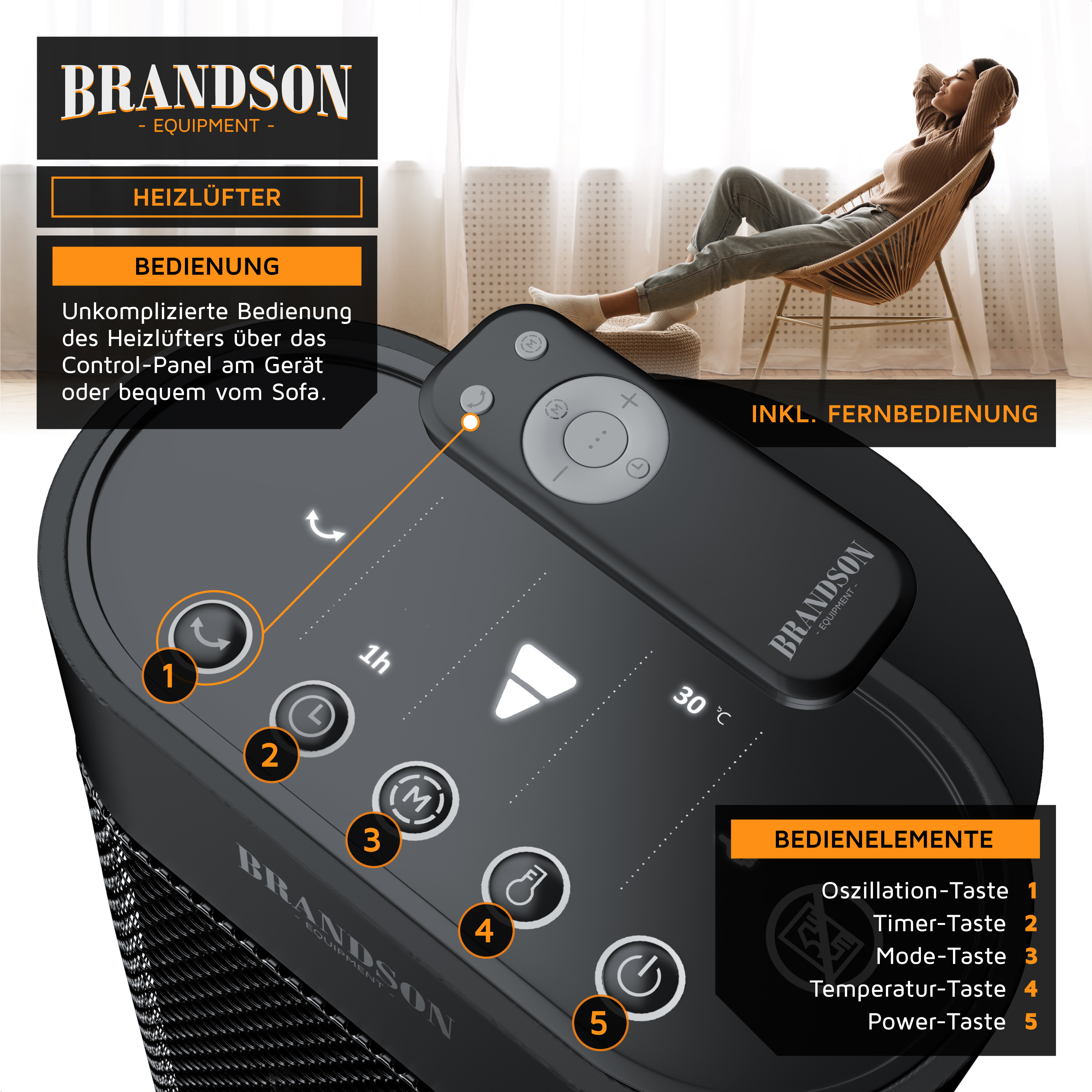 Brandson Heizlüfter mit einfachem Bedienfeld, Fernbedienung und Temperaturanzeige, ideal für den Einsatz im Wohnbereich.