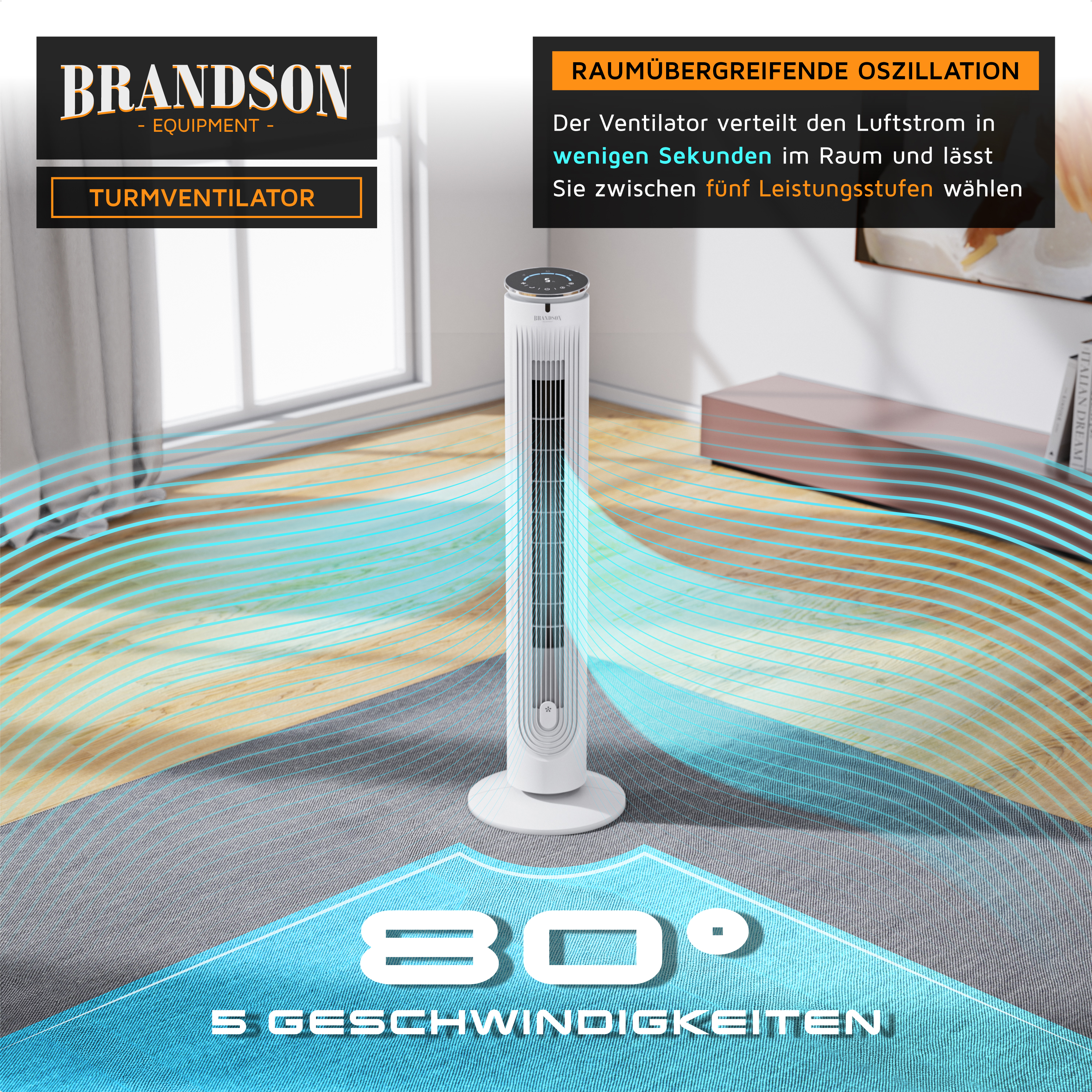 Brandson Turmventilator in Weiß mit schmalem Design, Bedienfeld oben und Standfuß für stabile Platzierung im Raum.
