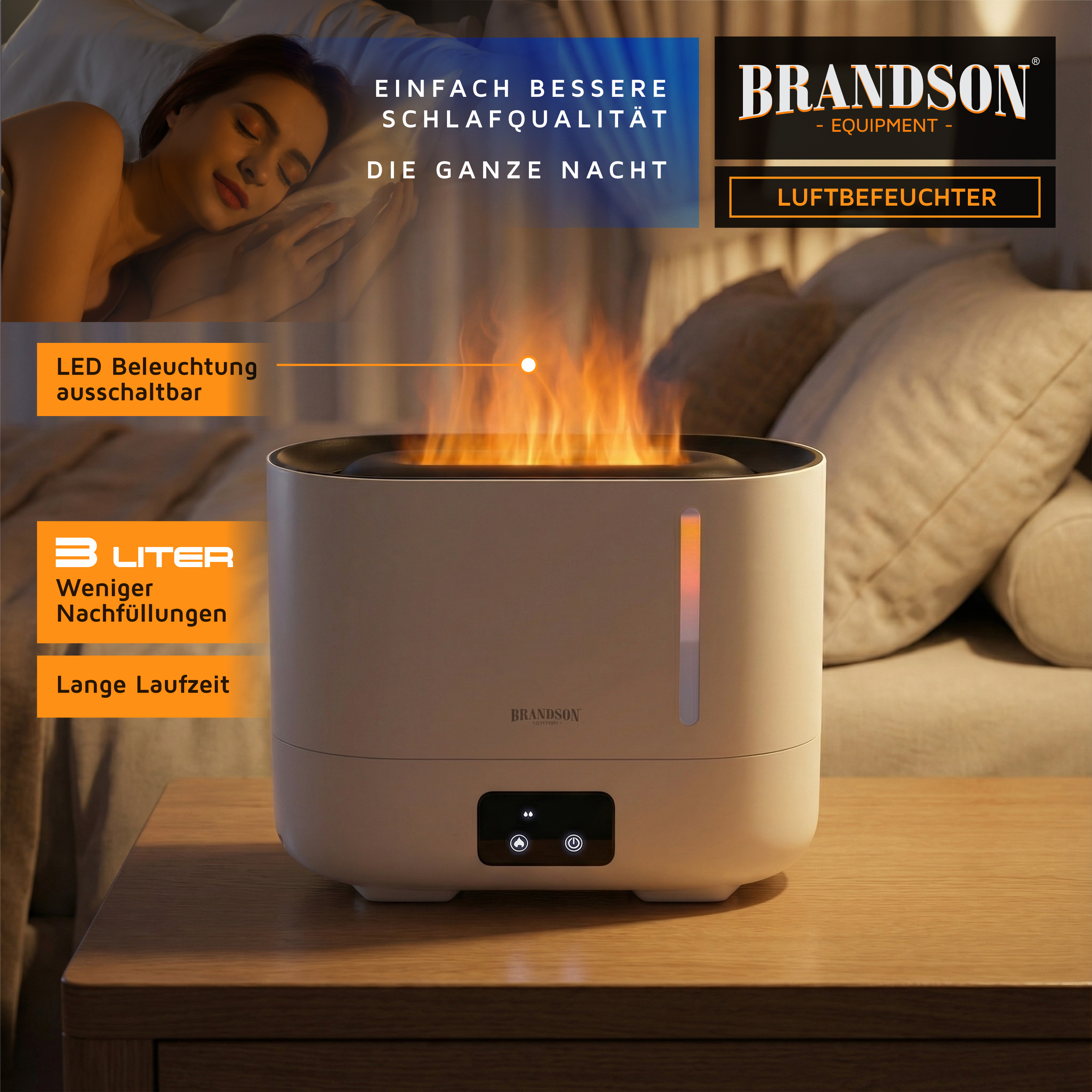 Brandson Luftbefeuchter im modernen Design, weiß mit LED-Beleuchtung und Bedienfeld, auf einem Tisch neben einem Sofa platziert.