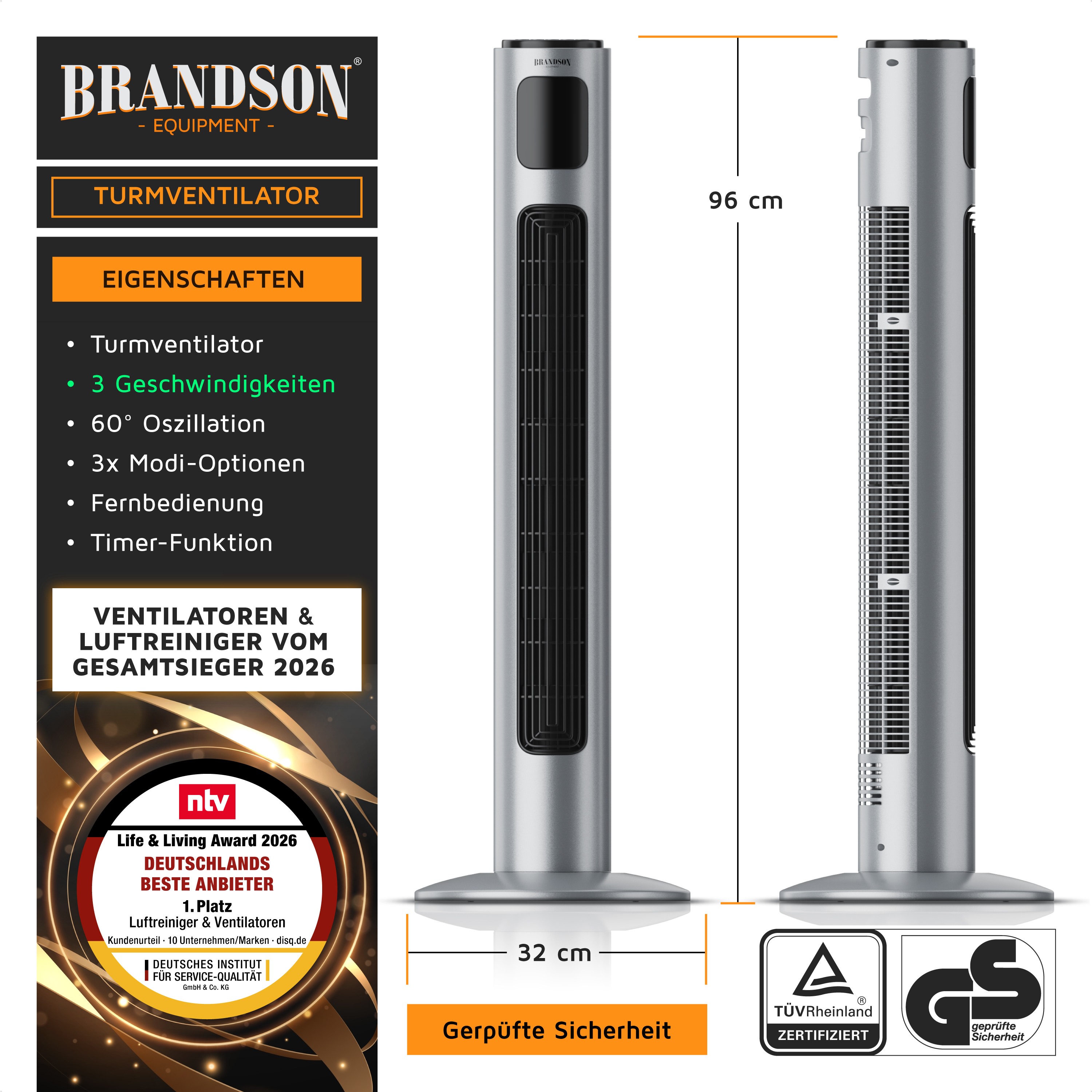 Turmventilator von Brandson im eleganten silbernen Design mit Fernbedienung, Timer-Funktion und drei Geschwindigkeitseinstellungen.