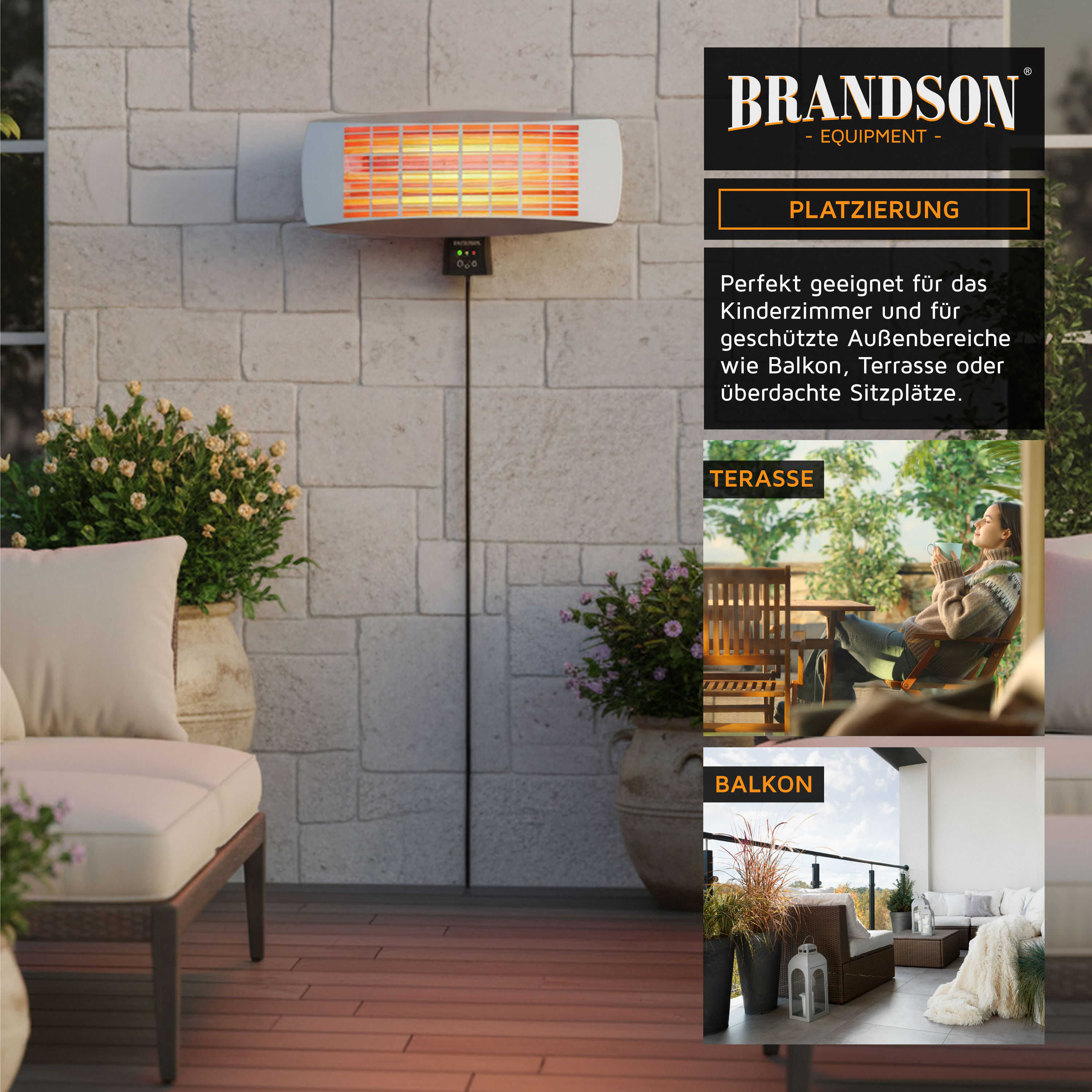 Brandson Infrarot-Heizstrahler mit modernem Design, montiert an einer Wand, ideal für Terrassen und Balkone, mit Bedienfeld.