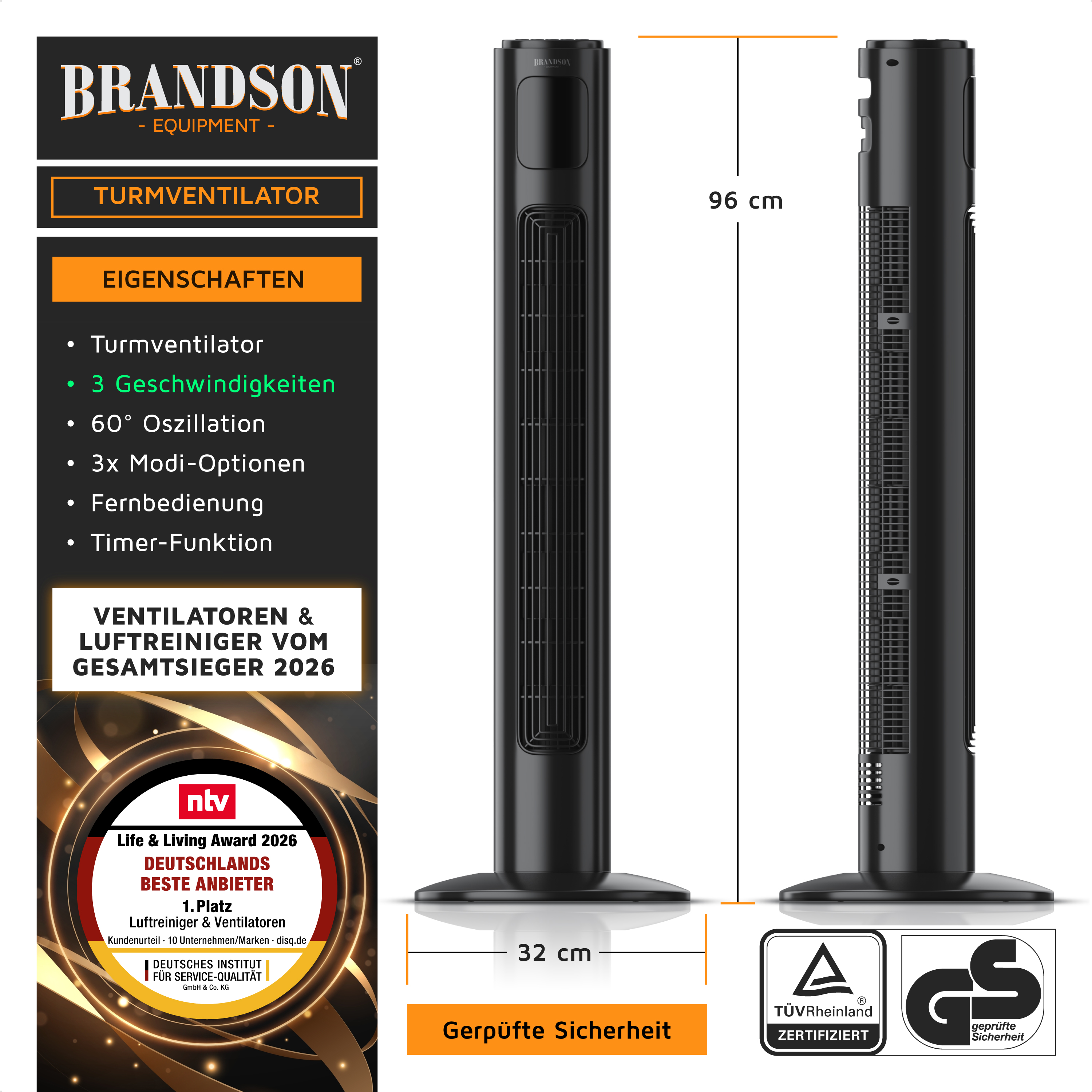 Brandson Turmventilator in Schwarz mit 96 cm Höhe, 60° Oszillation, Fernbedienung und Timer-Funktion, stabiler Standfuß.