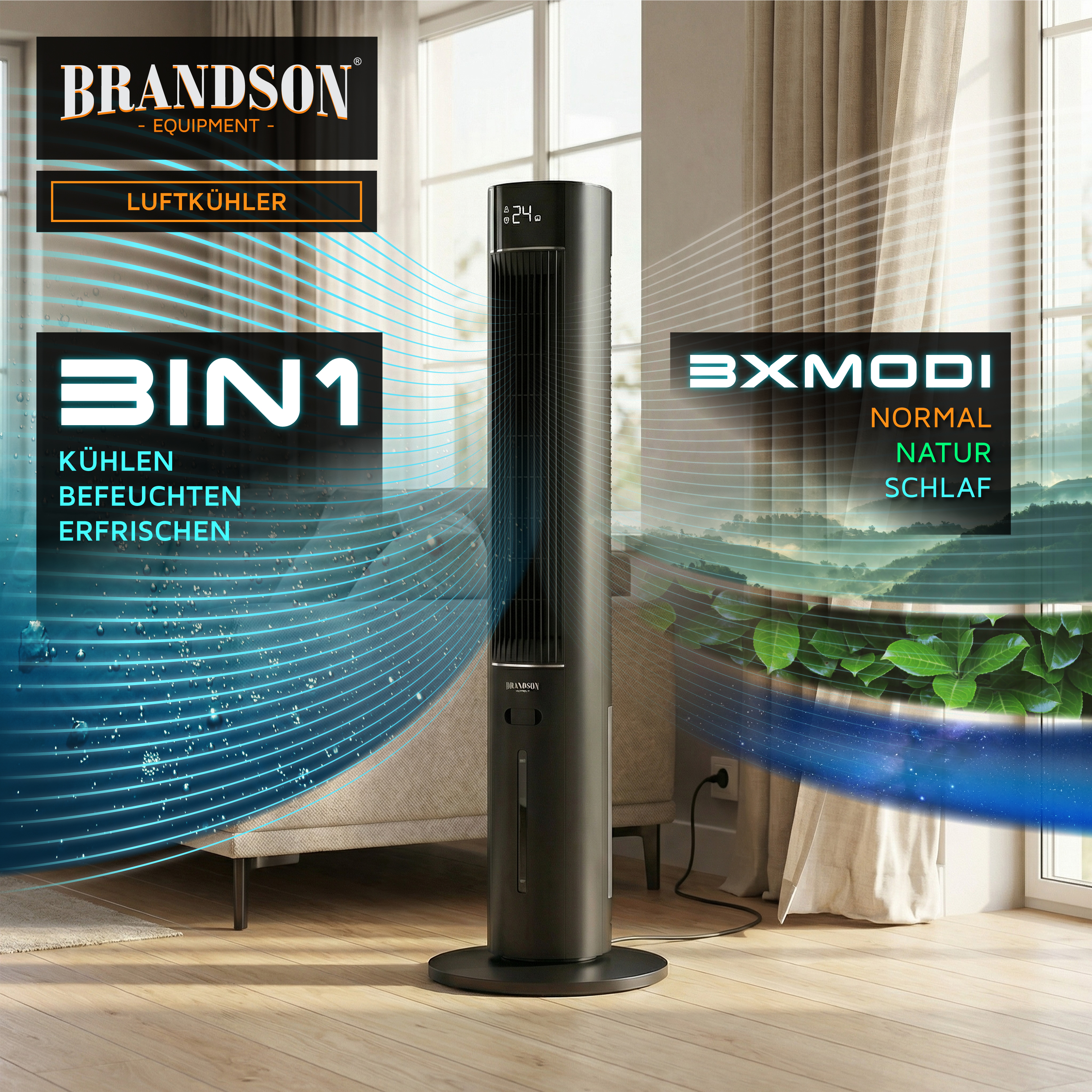Brandson-Luftkühler im eleganten schwarzen Design mit Digitalanzeige und Bedienfeld, aufgestellt in einem hellen Wohnzimmer.