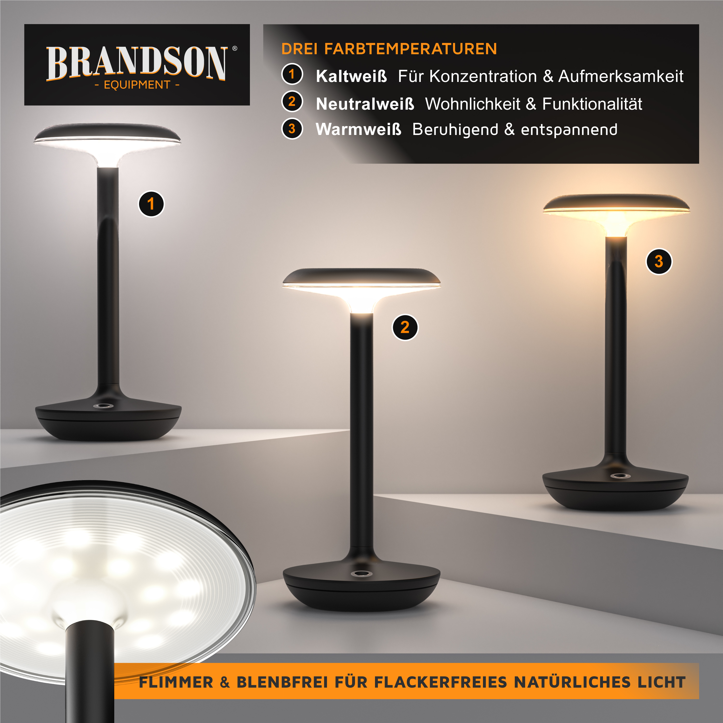 Brandson Tischlampe in Schwarz mit drei Farbtemperaturen, flimmerfrei, für konzentriertes und entspanntes Licht.