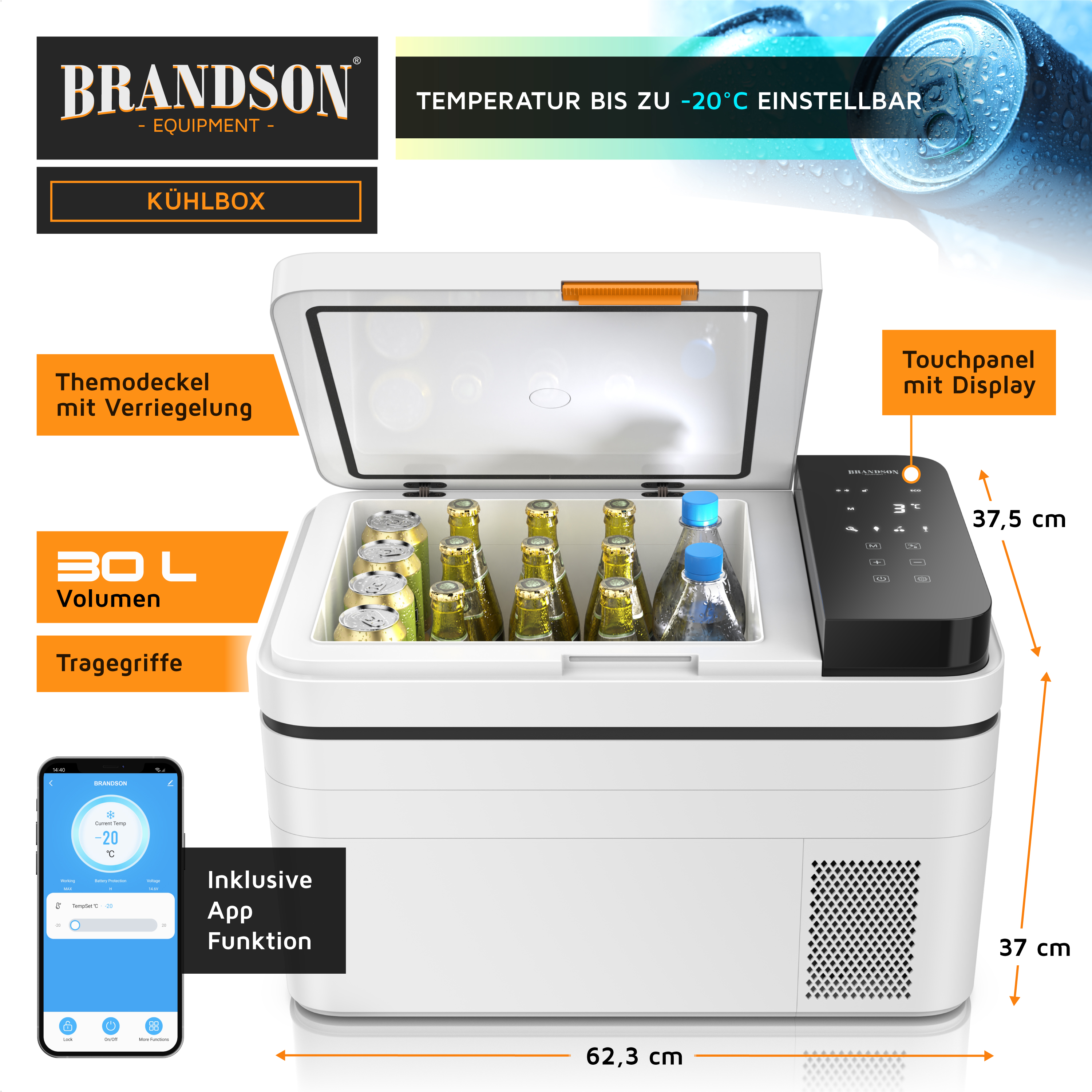 Brandson Kühlbox mit 30 Litern Volumen, Thermodeckel mit Verriegelung und Touchpanel mit Display, ideal für Getränke.
