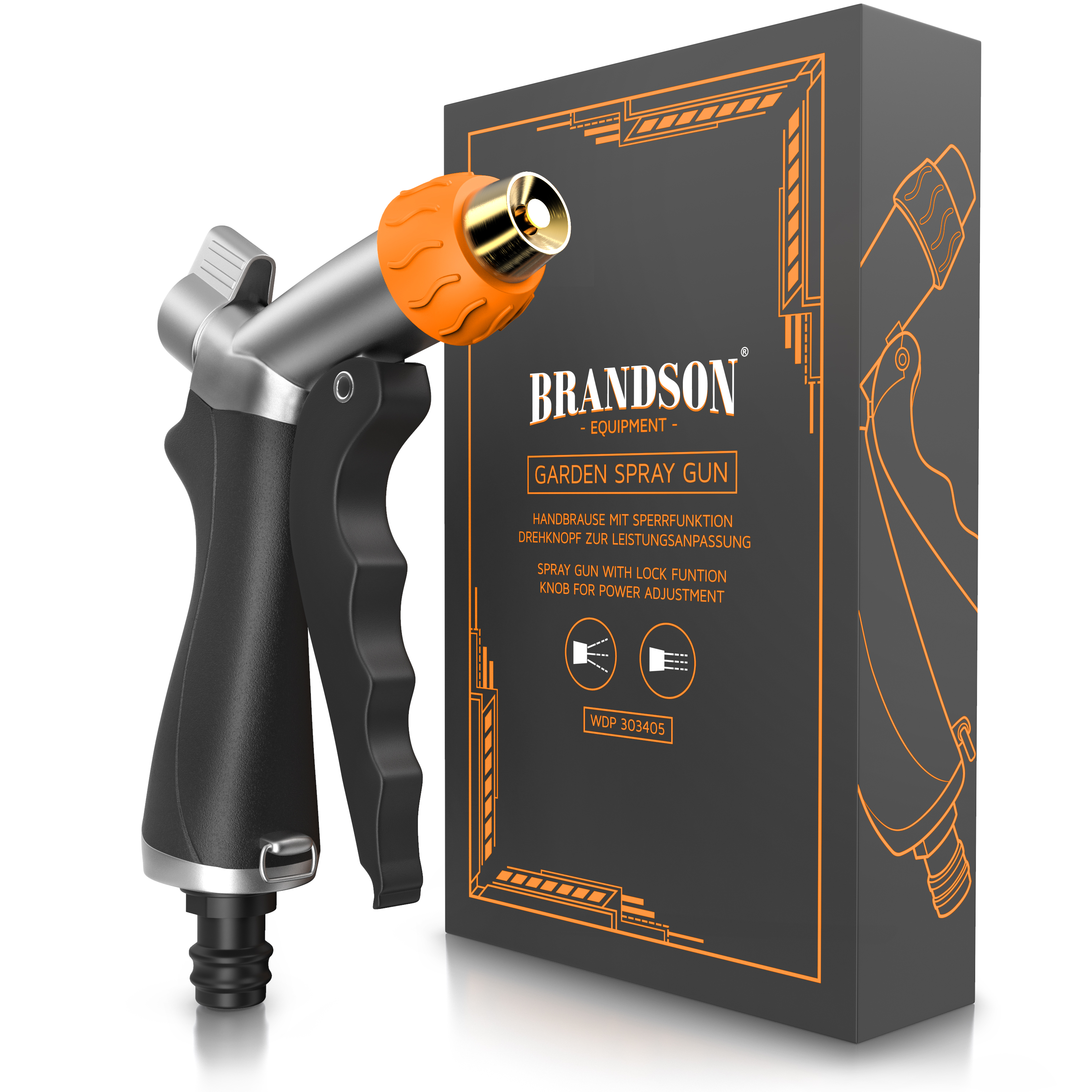 Brandson-Gartenspritzpistole mit ergonomischem Griff, orangefarbener Düse und Sperrfunktion für einstellbaren Wasserfluss, verpackt in einer Markenbox.