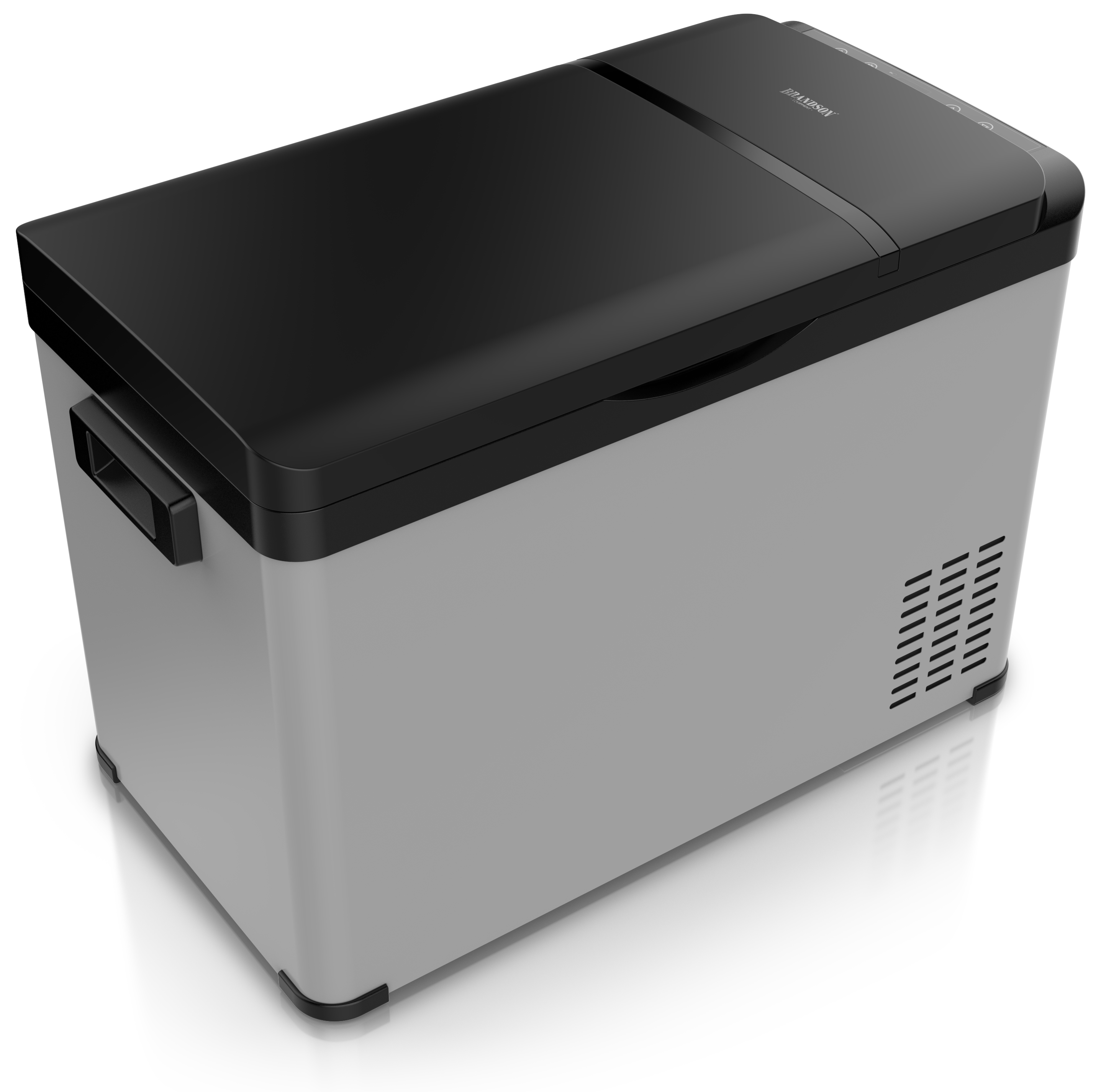 Brandson elektrische Kühlbox in grau mit schwarzem Deckel, seitlichem Griff und Lüftungsschlitzen, ideal für den Einsatz unterwegs.