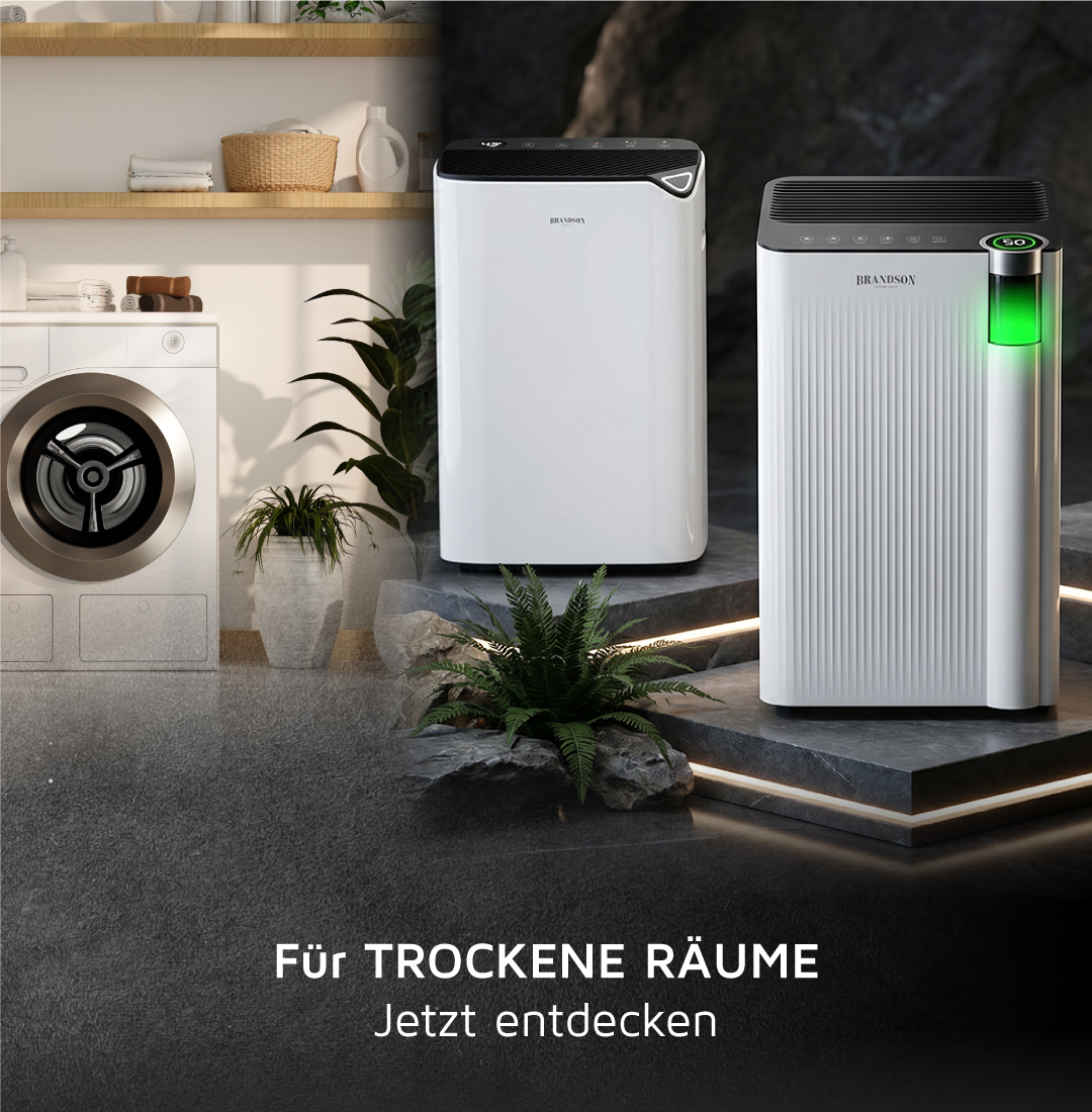 Brandson Luftentfeuchter in Weiß mit digitalem Display und Bedienfeld, platziert in einem modernen Raum mit Pflanzen.