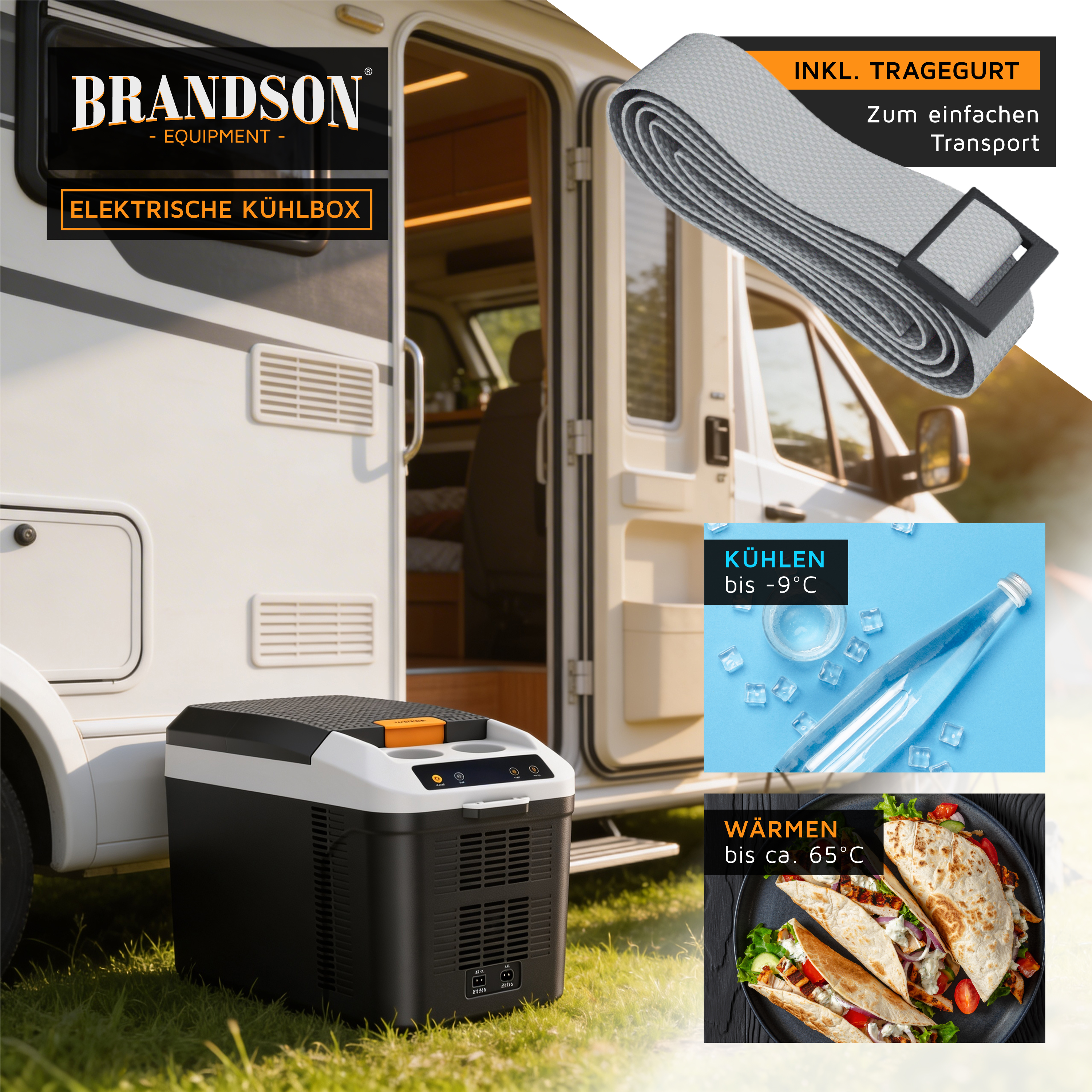 Brandson elektrische Kühlbox in Schwarz mit orangefarbenem Griff, Bedienfeld und Tragegurt, ideal für Camping und Outdoor-Aktivitäten.