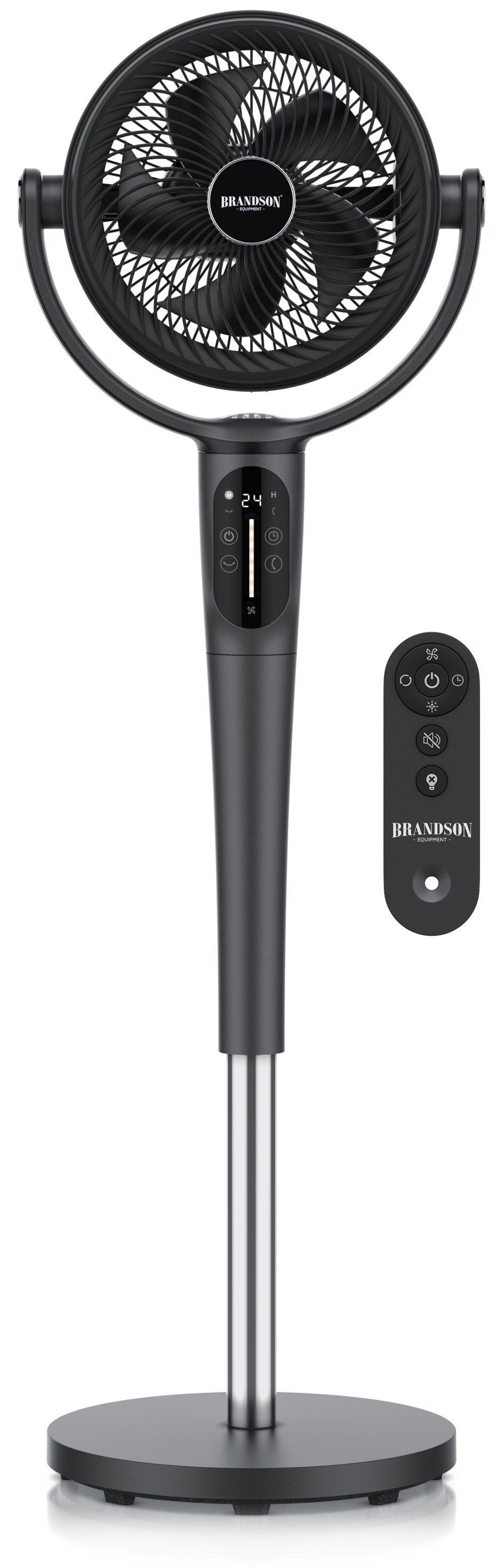 Standventilator von Brandson in Schwarz mit elegantem Design, Digitalanzeige und Fernbedienung für einfache Bedienung.