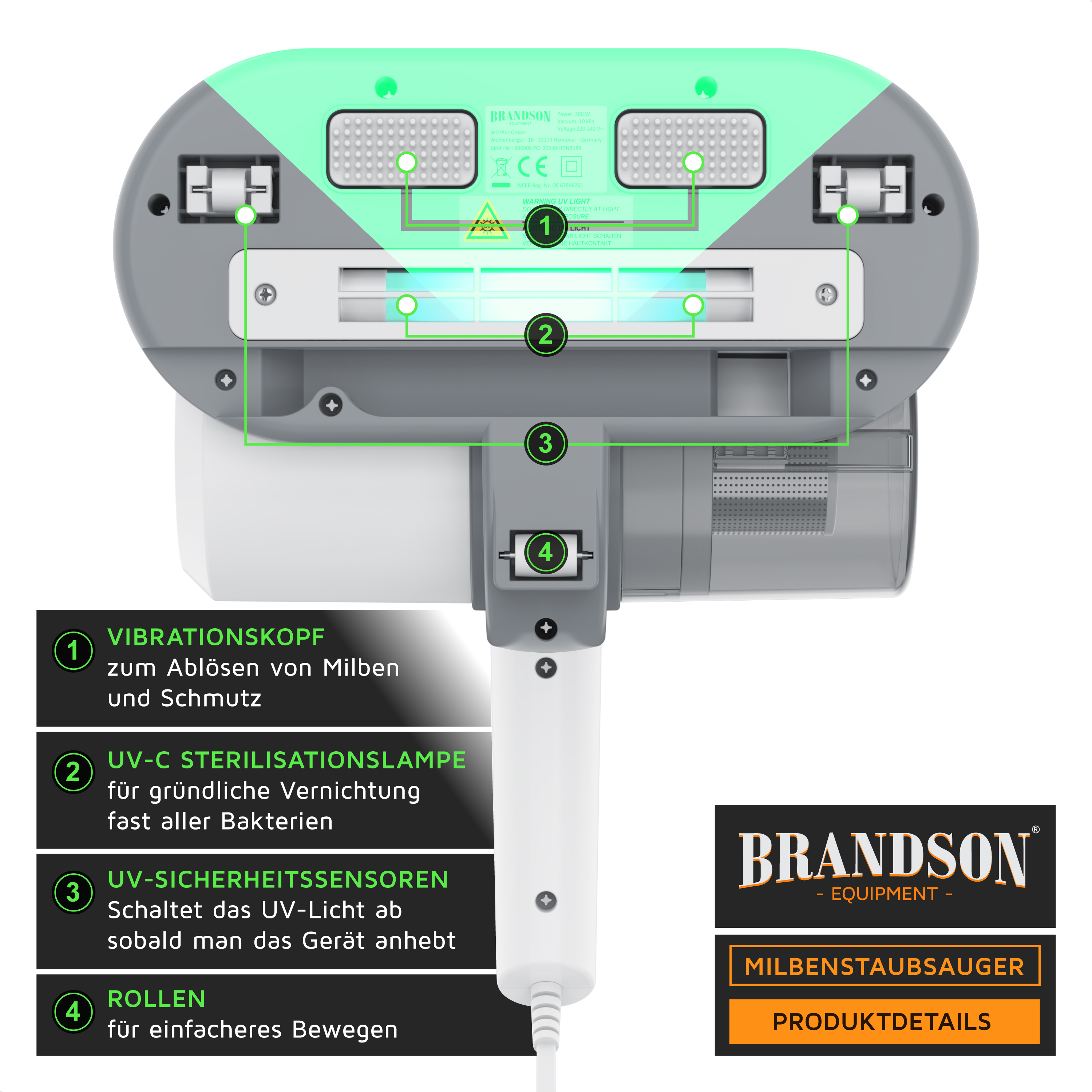 Brandson Milbenstaubsauger mit Vibrationskopf, UV-C-Sterilisationslampe und Sicherheitssensoren für effektive Reinigung.