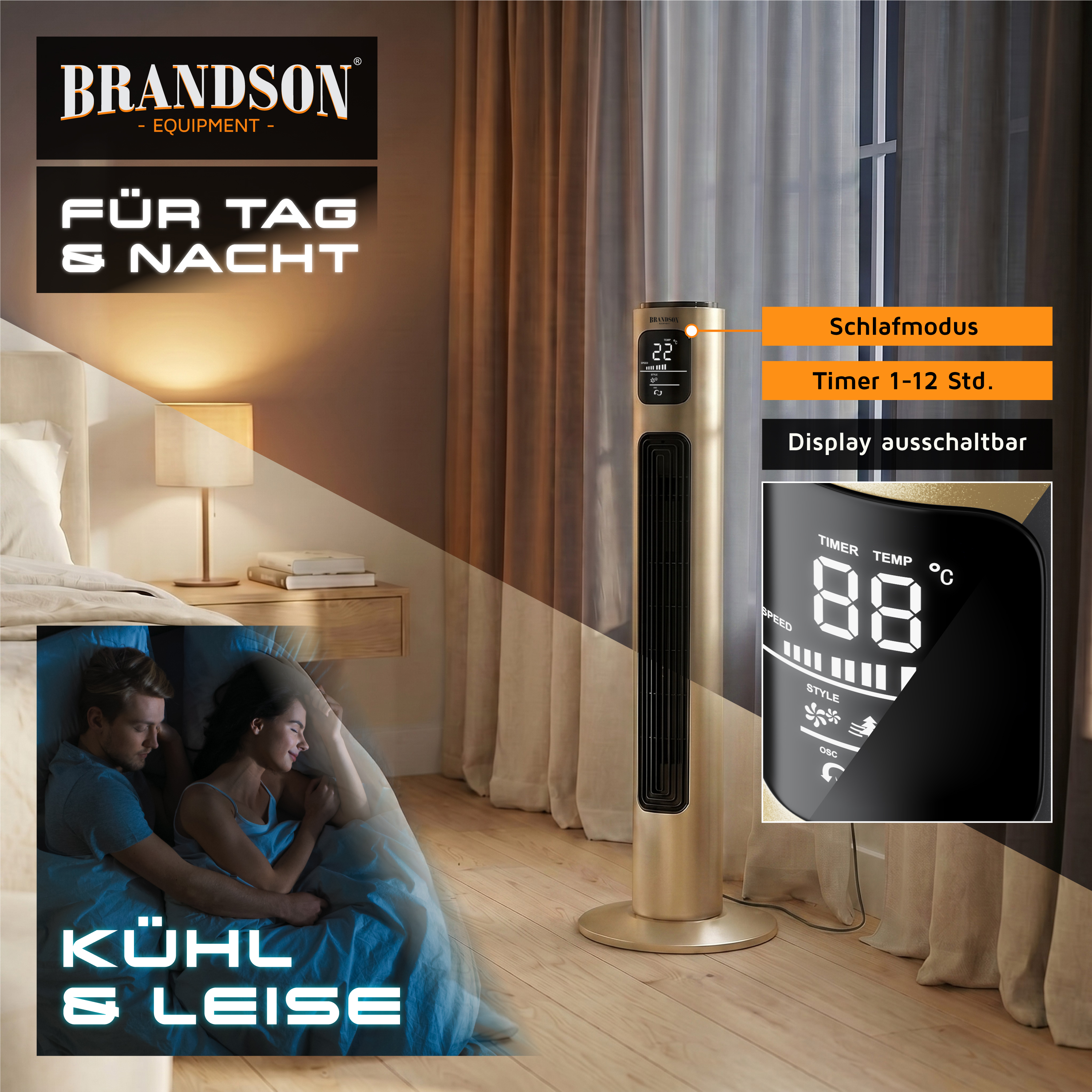 Brandson Turmventilator in Goldfarbe mit Digitalanzeige, Timerfunktion und Schlafmodus, platziert in einem gemütlichen Schlafzimmerambiente.